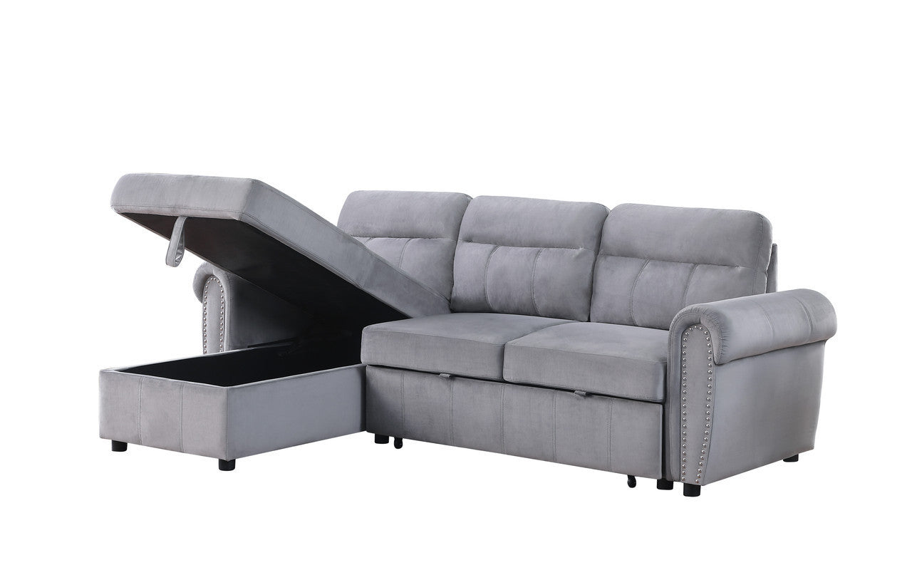 Ashton Gray Velvet Fabric Reversible Sleeper Sectional Sofa Chaise