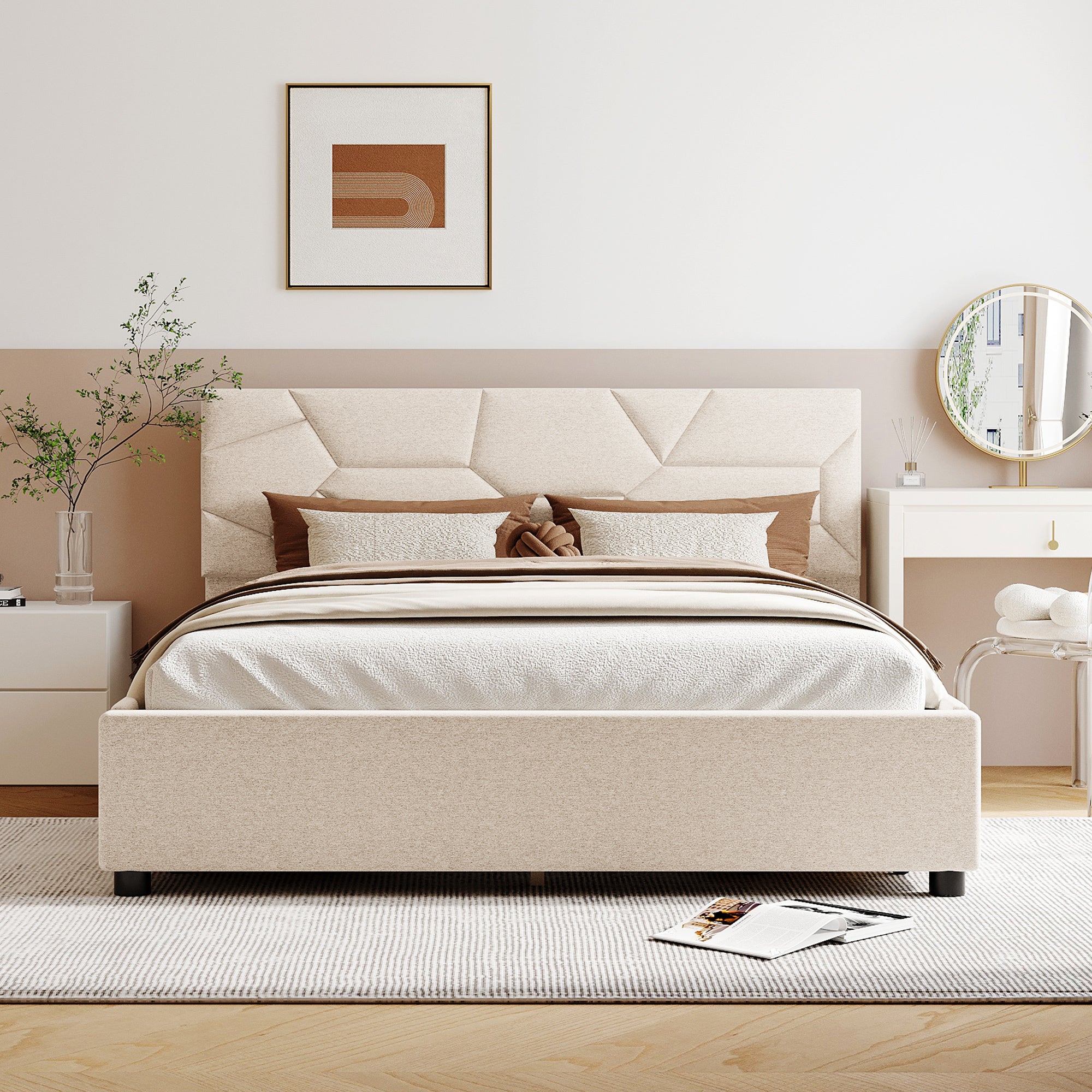 Queen Size Upholstered Platform Bed with Brick Pattern Headboard and 4 Drawers, Linen Fabric, Beige