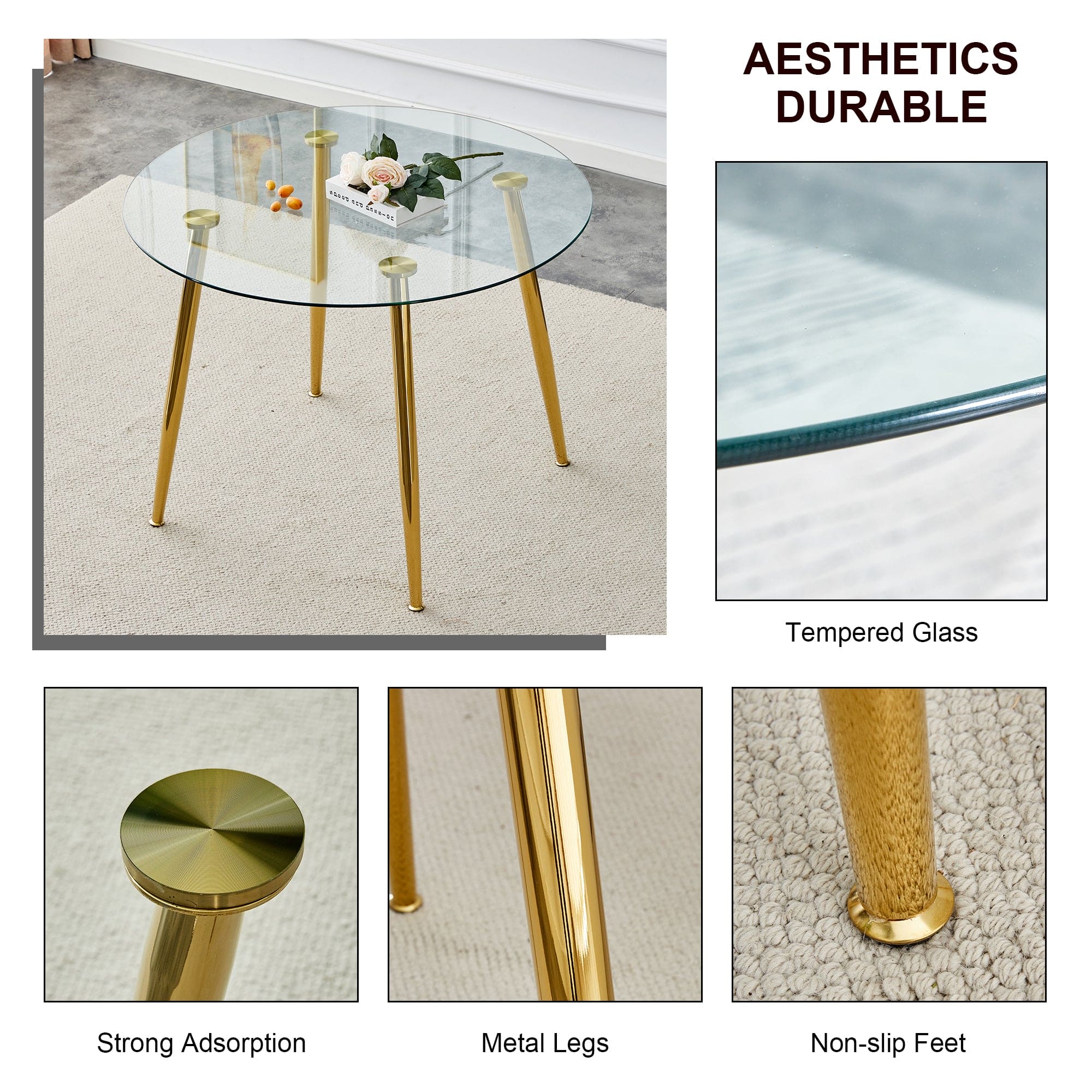 A glass tabletop with a diameter of 40 inches and a modern minimalist circular dining table with gold plated metal legs. 40 '* 40' * 30 ' DT-1164