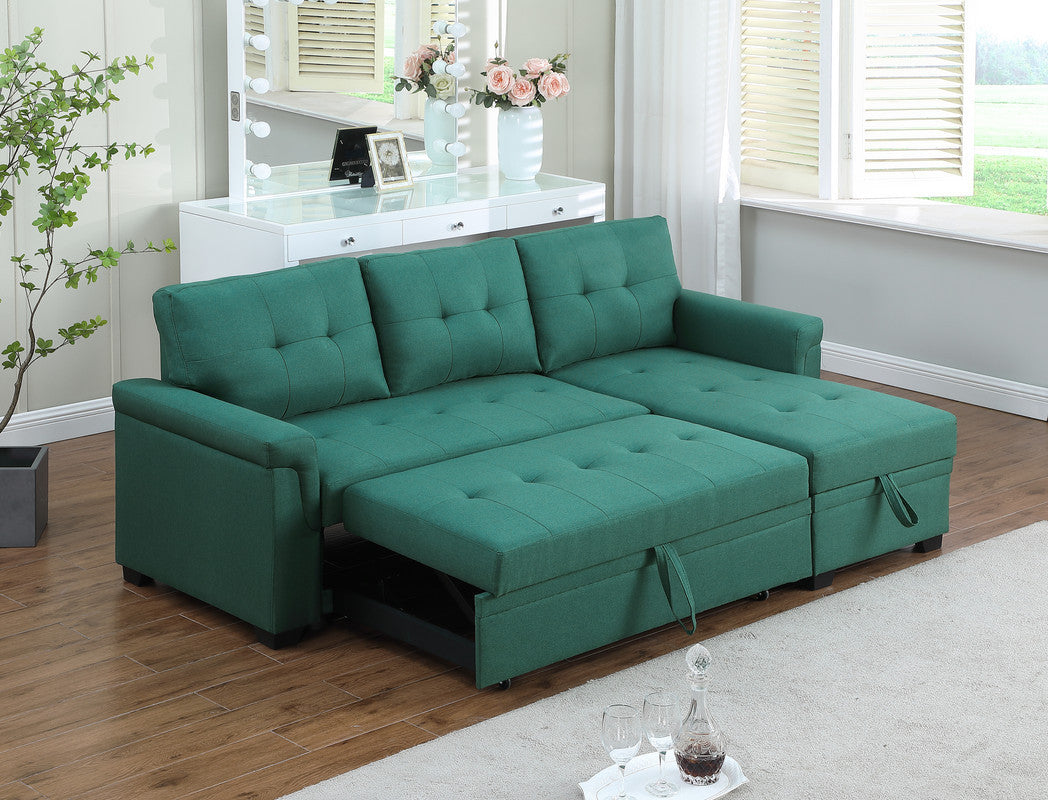 Lucca Green Linen Reversible Sleeper Sectional Sofa with Storage Chaise