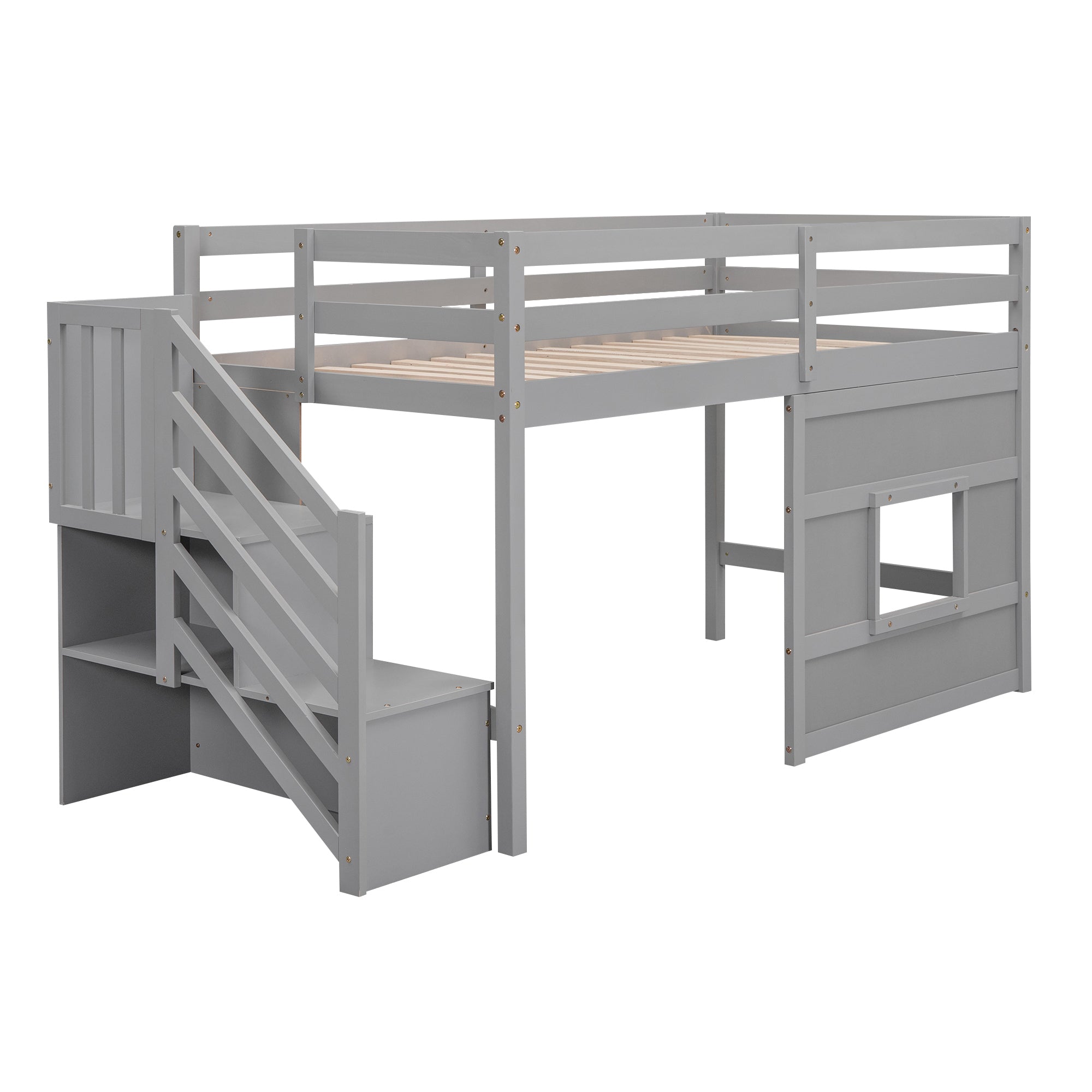 Twin Size Loft Bed with Storage Staircase and Window, Gray