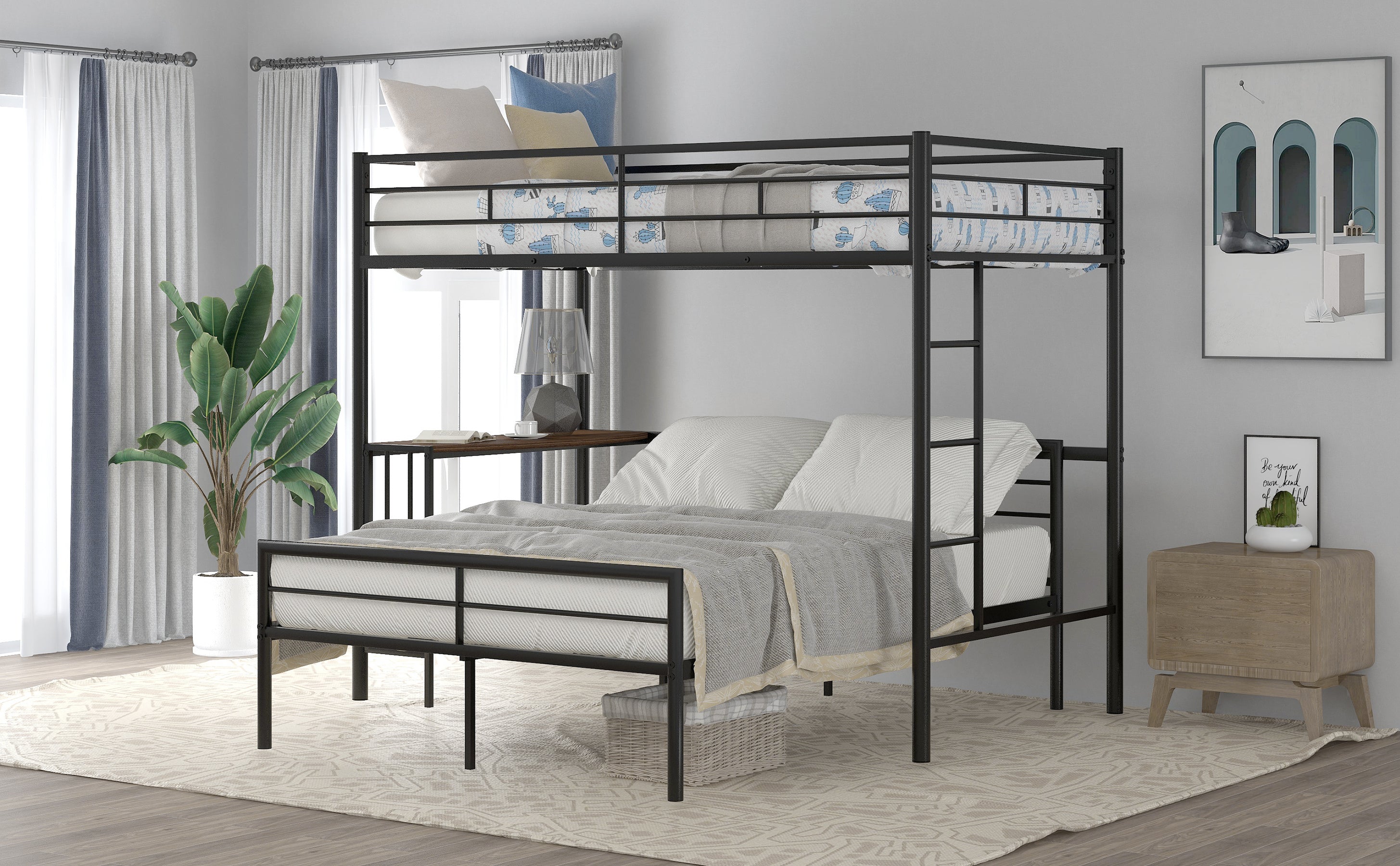 Twin Over Full Metal Bunk Bed with Desk, Ladder and Quality Slats for Bedroom, Metallic Black（OLD SKU :LP000092AAB）