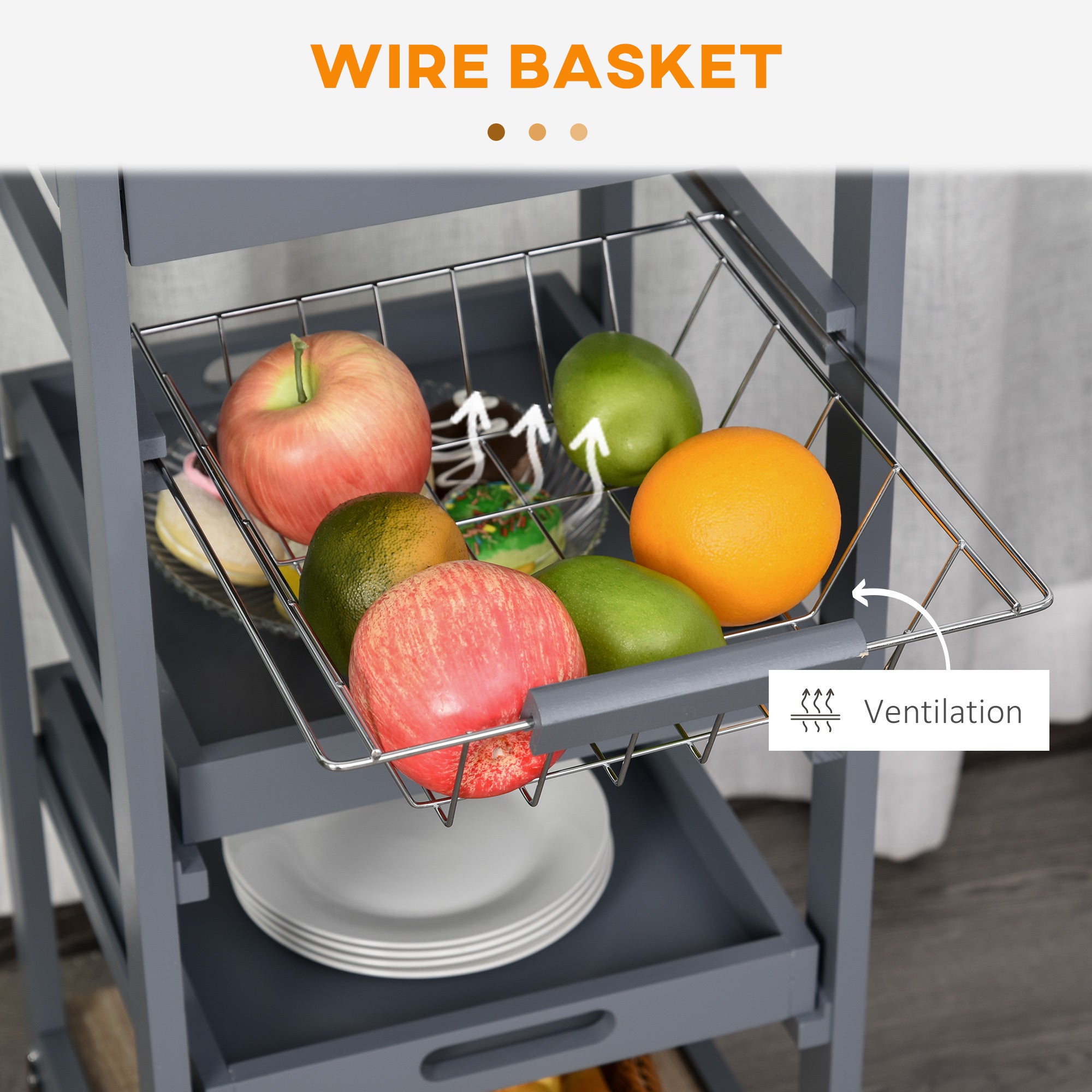 HOMCOM Mobile Rolling Kitchen Island Trolley Serving Cart with Underneath Drawer & Slide-Out Wire Storage Basket, Grey