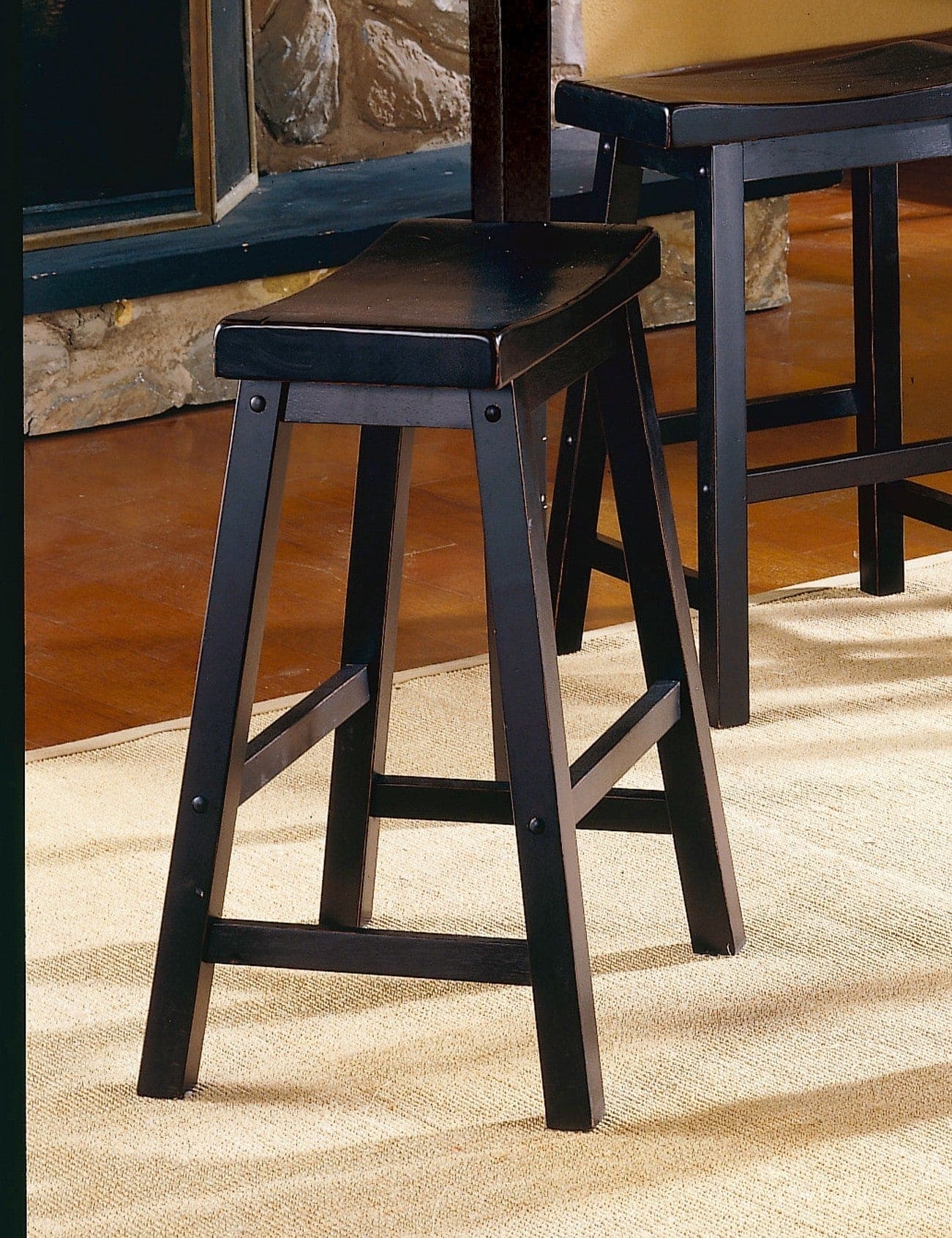 Black Finish 18-inch Height Saddle Seat Stools Set of 2pc Solid Wood Casual Dining Home Furniture