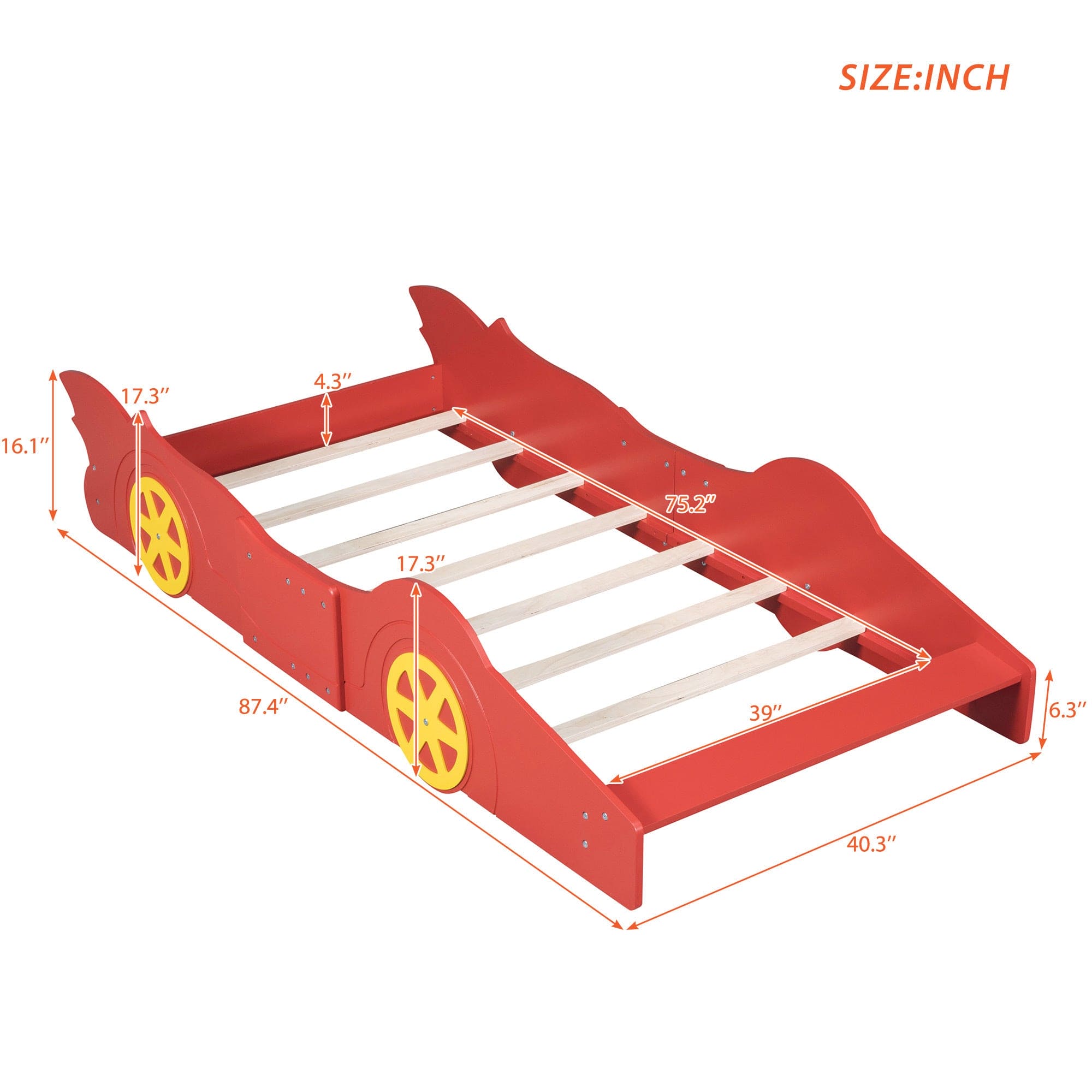 Twin Size Race Car-Shaped Platform Bed with Wheels,Red