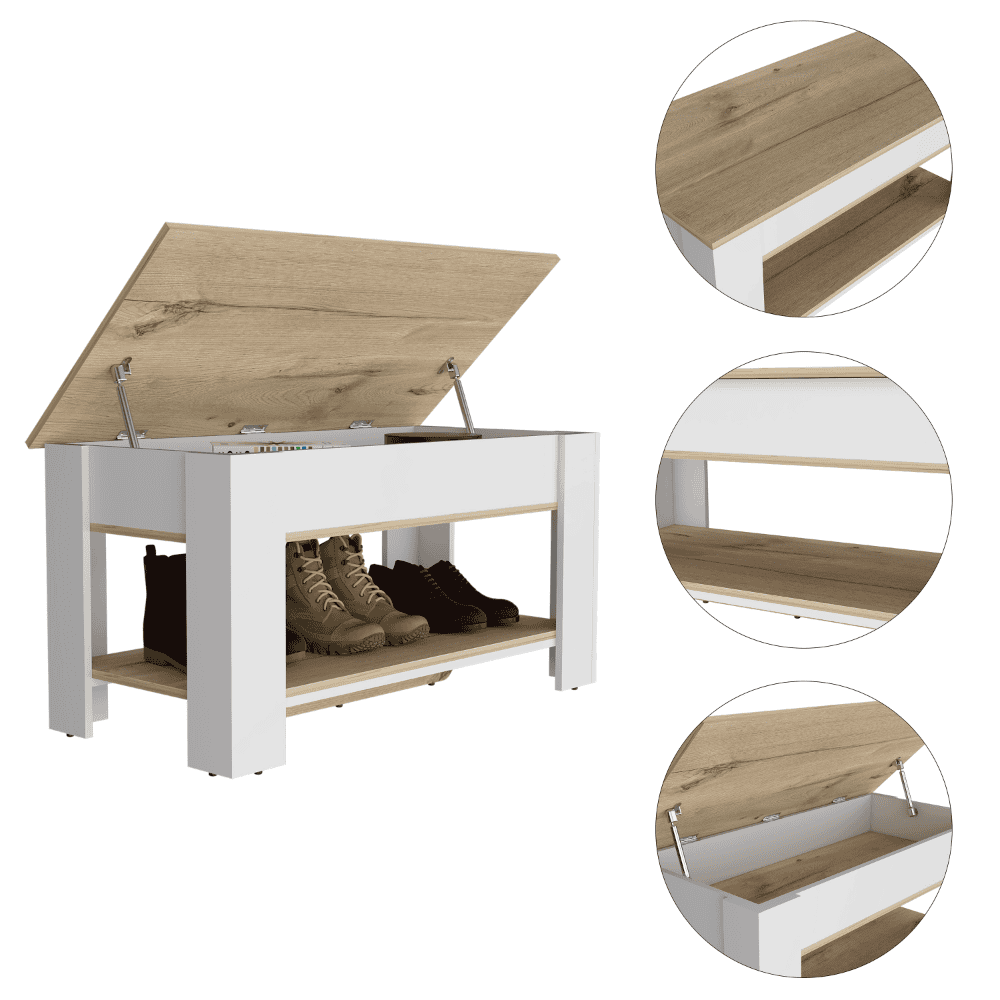 Austin Storage Table, One Extendable Table Shelf, Four Legs, Lower Shelf -Light Oak / White