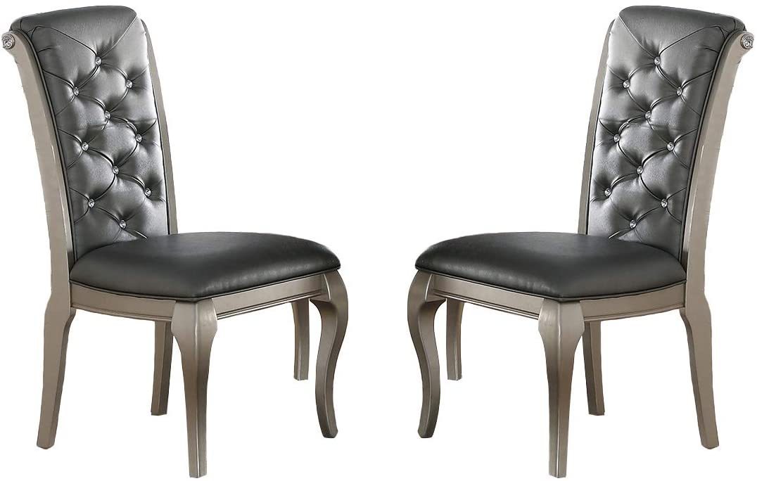 Luxury Antique Silver Wooden Set of 2 Dining Side Chairs Grey Faux Leather / PU Tufted Upholstered Cushion Chairs