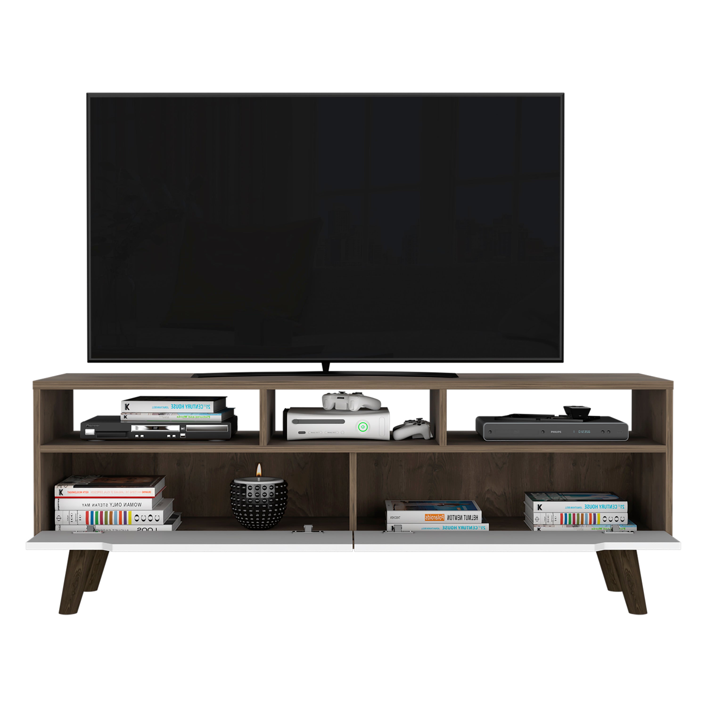 Tv Stand 2.0 For TV´s up 52" Bull, Three Open Shelves,Two Drawers, Dark Brown / White Finish