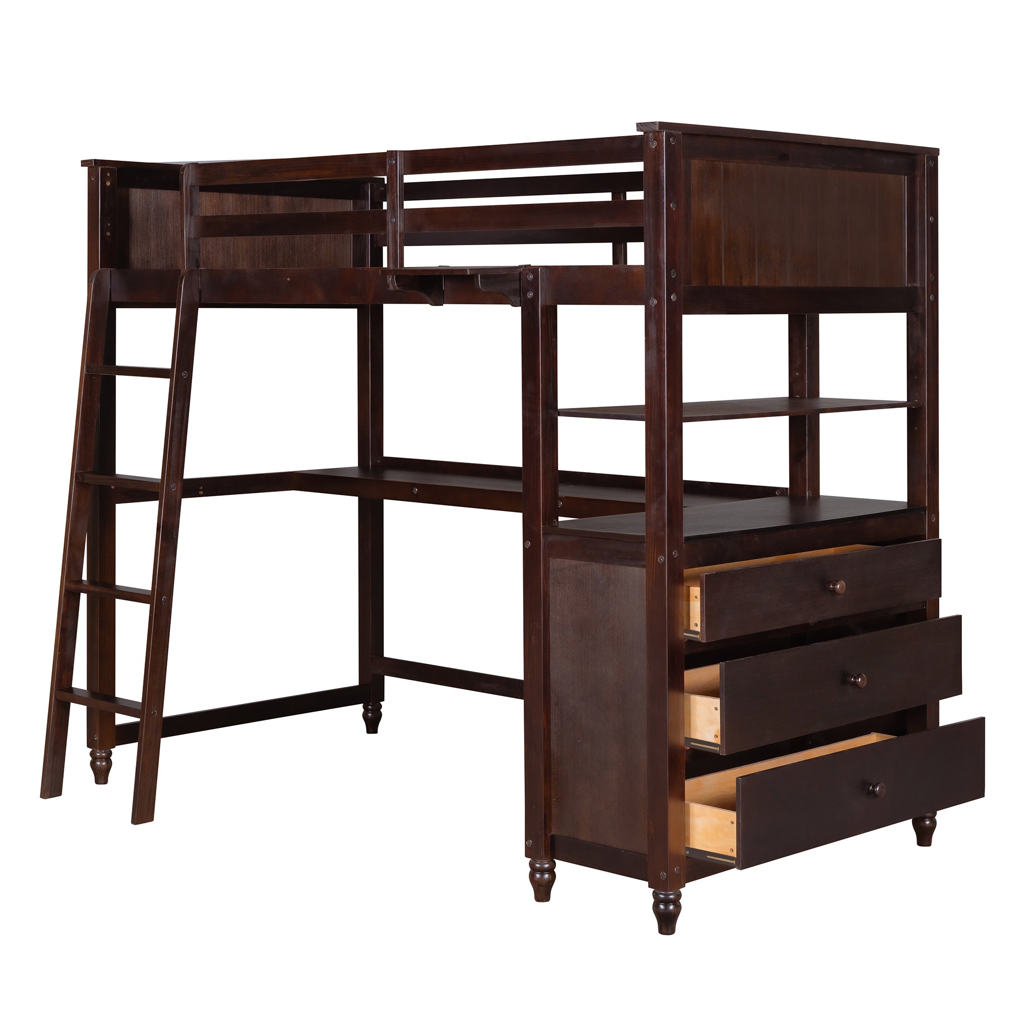 Twin size Loft Bed with Drawers and Desk, Wooden Loft Bed with Shelves - Espresso(OLD SKU: LT001530AAP)