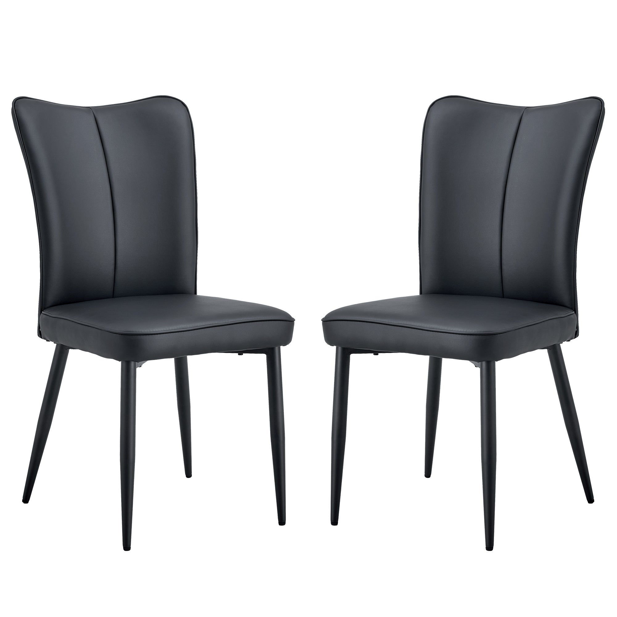 Modern minimalist dining chairs, black PU leather curved backrest and seat cushions, black metal chair legs, suitable for restaurants, bedrooms, and living rooms. A set of 2 chairs. 008