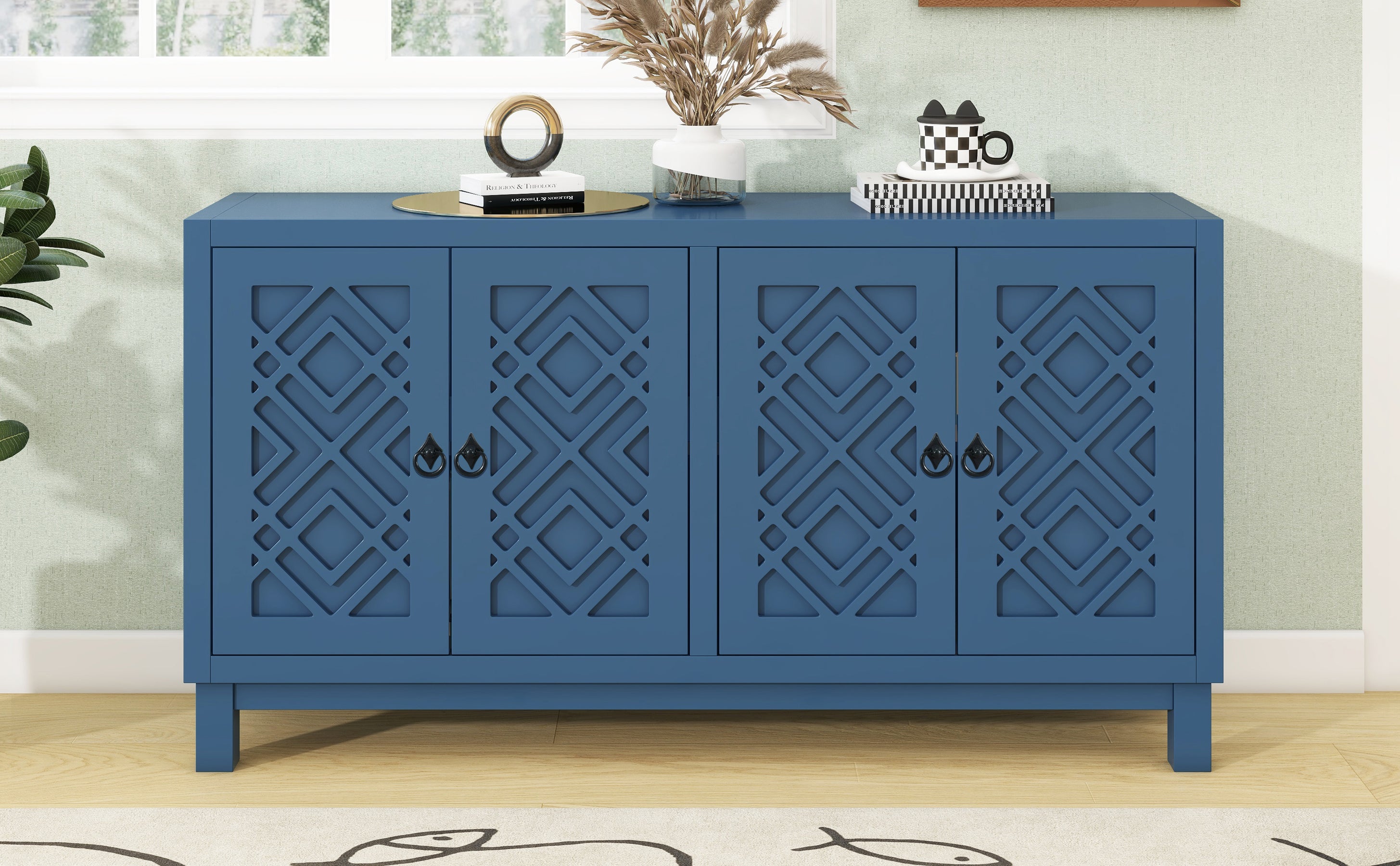 TREXM Large Storage Space Sideboard, 4 Door Buffet Cabinet with Pull Ring Handles for Living Room, Dining Room (Navy)