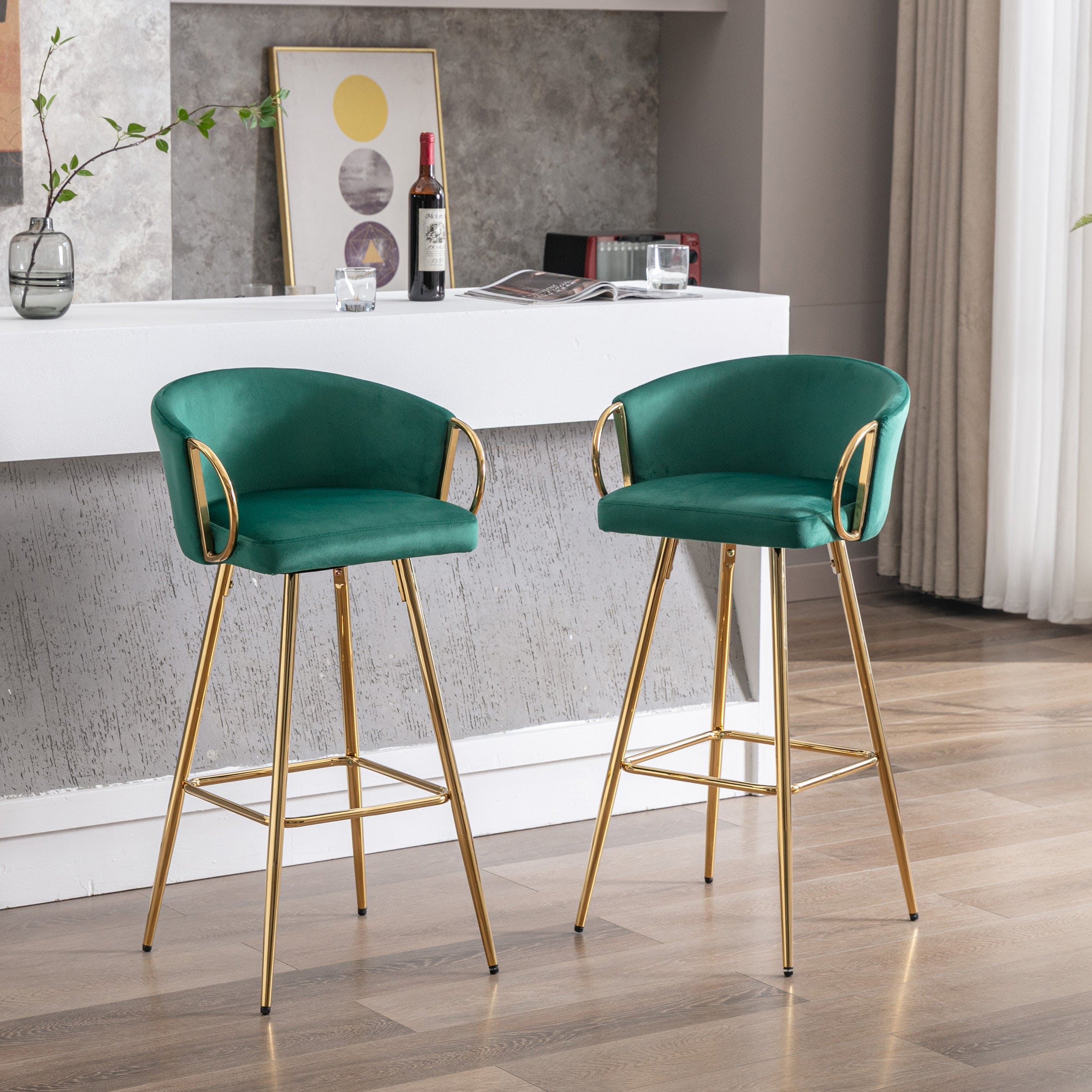 30 Inch Set of 2 Bar Stools,with Chrome Footrest and Base Velvet + Golden Leg Simple Bar Stool,GREEN