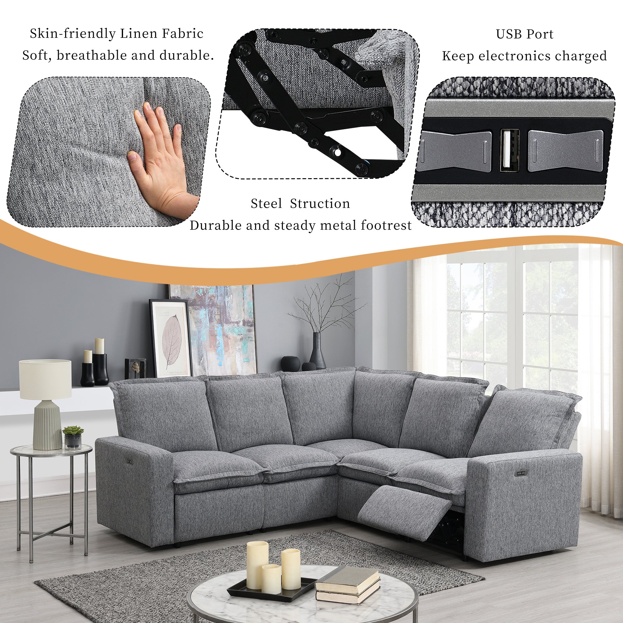 Power Recliner Chair Home Theater Seating Soft Chair with USB Port for Living Room, Bedroom, Theater room, Grey