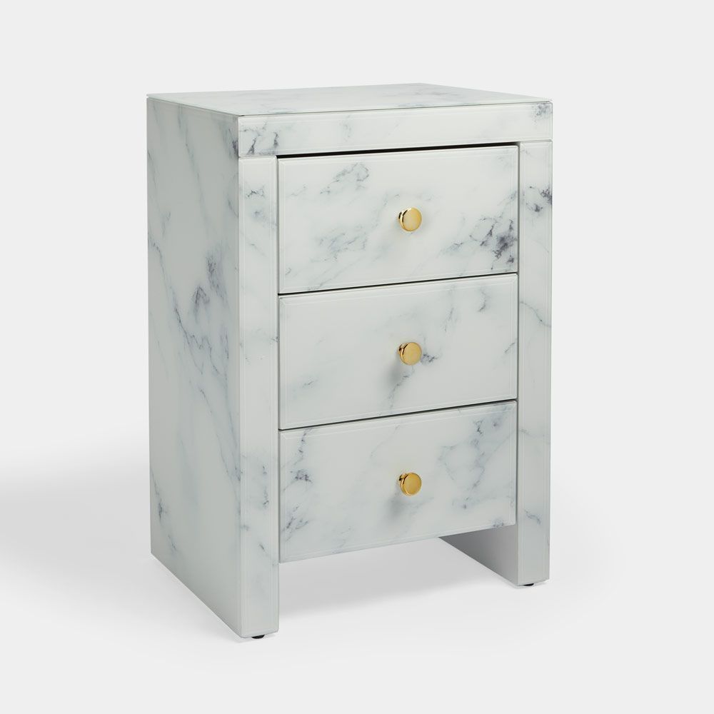 Tempered Glass Nightstand, Marble Nightstand with 3 Drawers,Side Table for Bedroom, Living Room