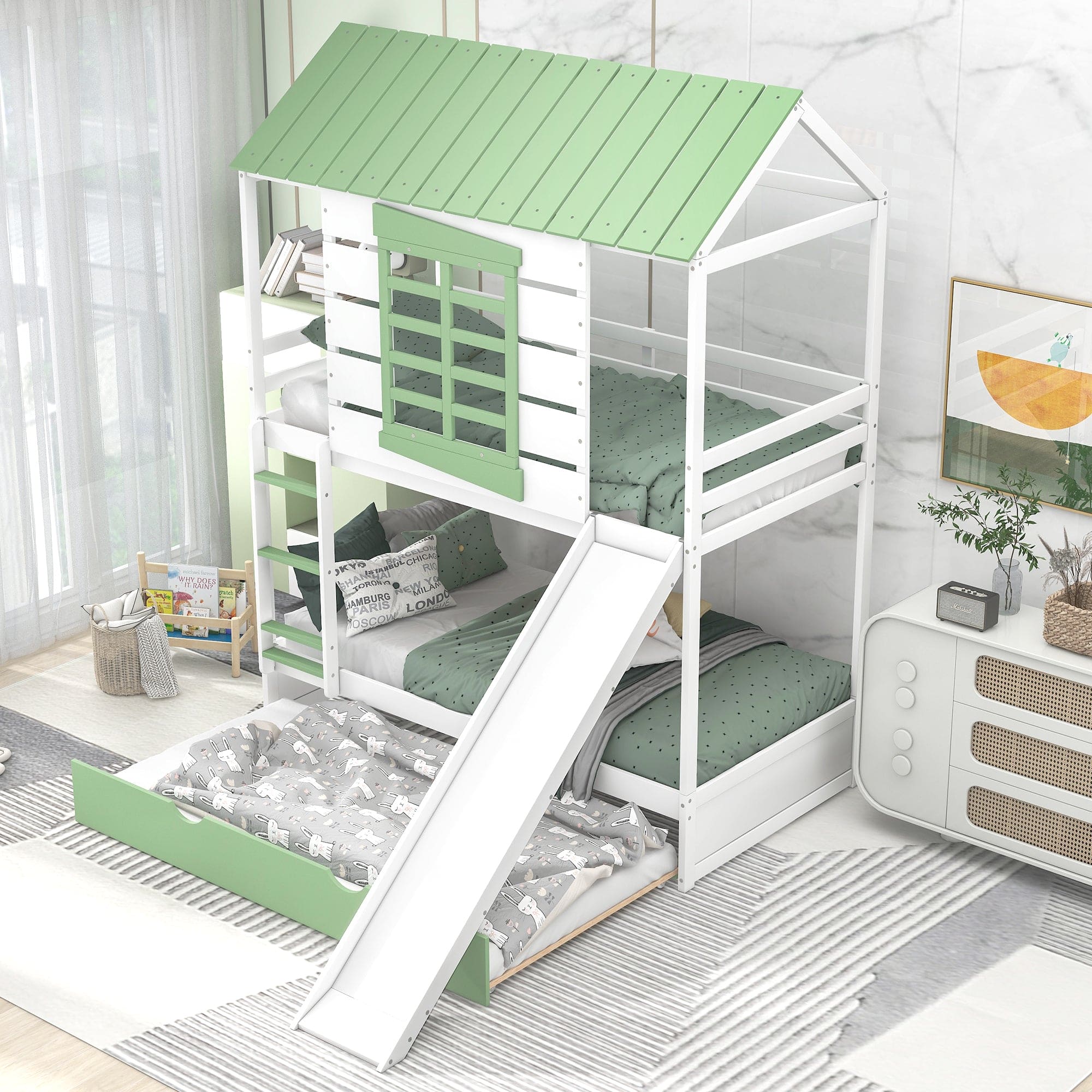 Twin over Twin Size House Bunk Bed with Convertible Slide and Trundle, White+Green