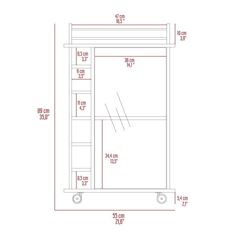 Bar Cart Baltimore, Two Tier Cabinet With Glass Door, Six Wine Cubbies, Light Oak Finish