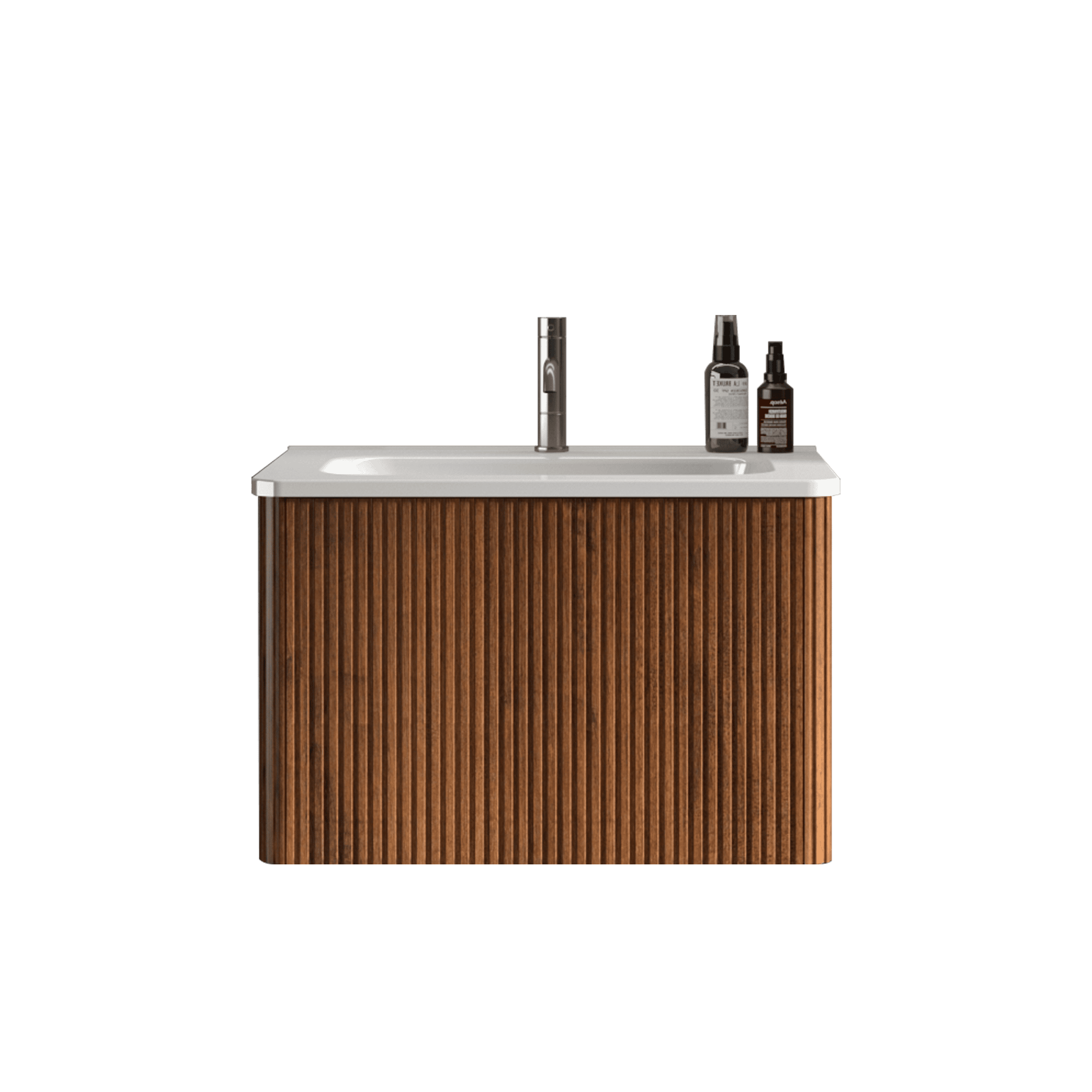 U046-Etna24W-305 Etna 24" Striped Walnut Bathroom Vanity with White Ceramic Sink, Wall Mounted Floating Bathroom Vanity for Modern Bathroom, One-Piece White Sink Basin without Drain and Faucet