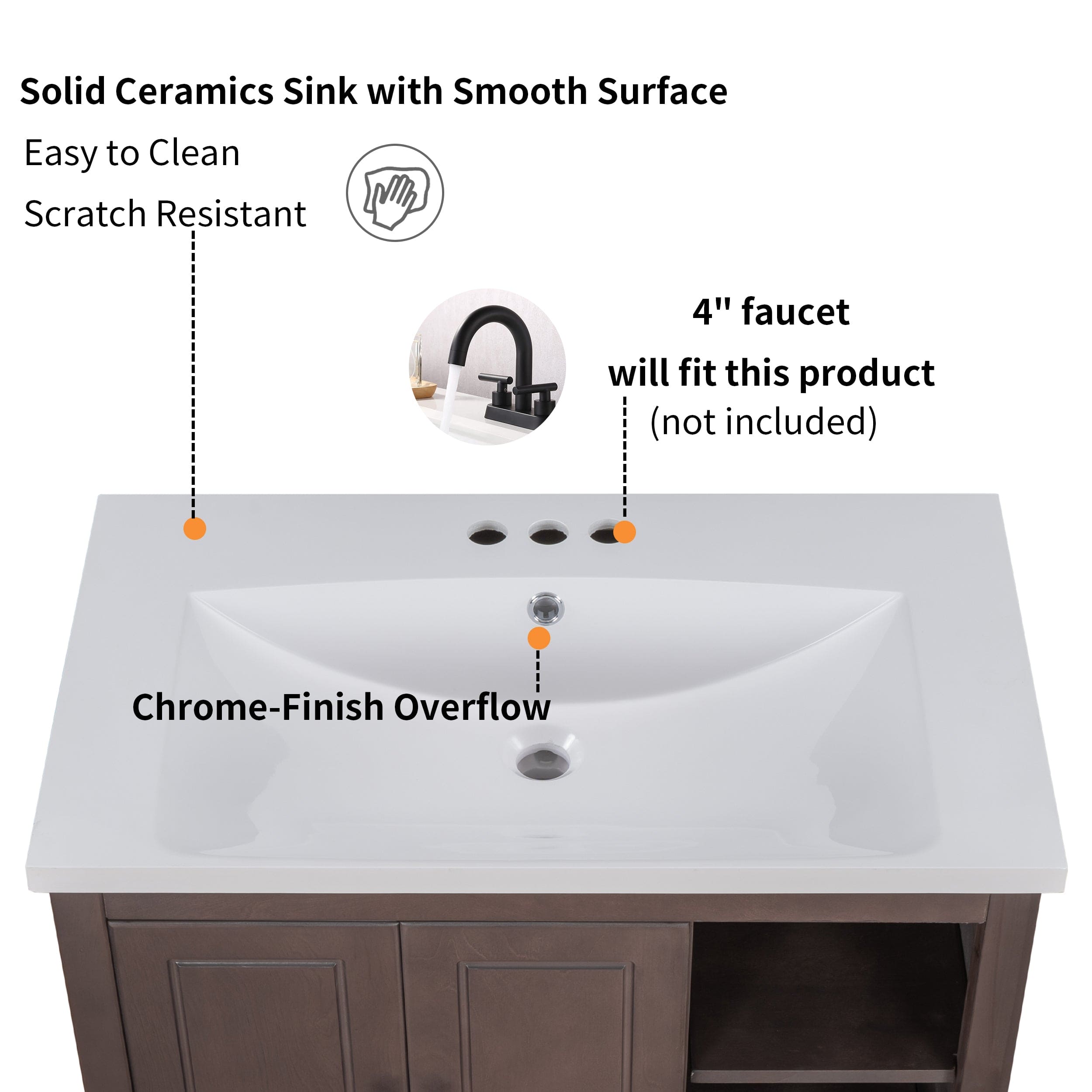 [VIDEO] 30" Bathroom Vanity with Sink, Bathroom Storage Cabinet with Doors and Drawers, Solid Wood Frame, Ceramic Sink, Brown (OLD SKU: JL000002AAD)