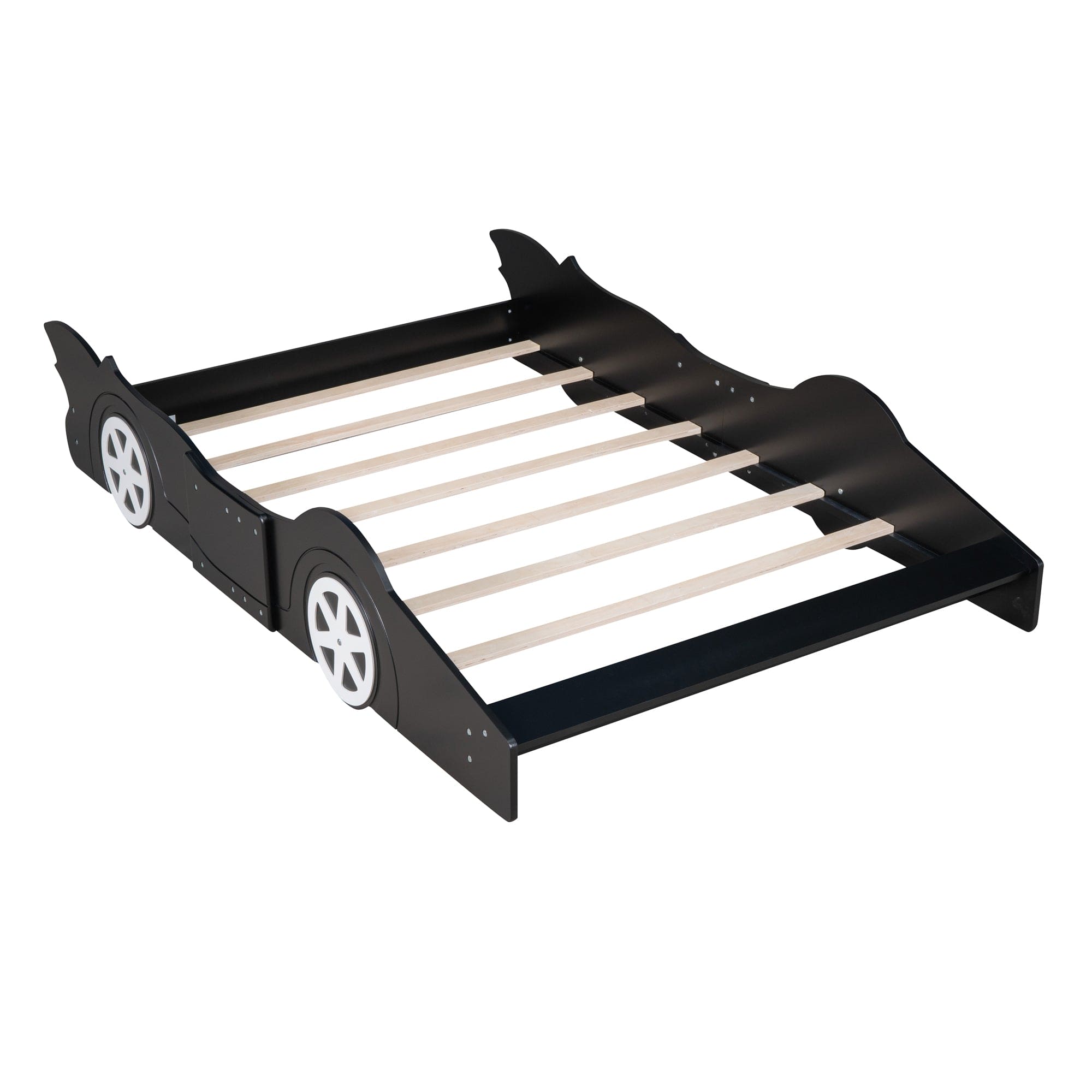 Full Size Race Car-Shaped Platform Bed with Wheels,Black