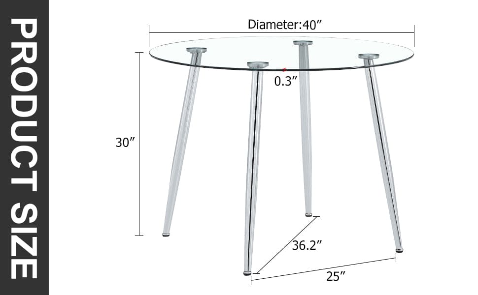 A glass tabletop with a diameter of 40 inches and a modern minimalist circular dining table with electroplated silver metal legs. Suitable for restaurants, living rooms, and conference rooms.DT-1164