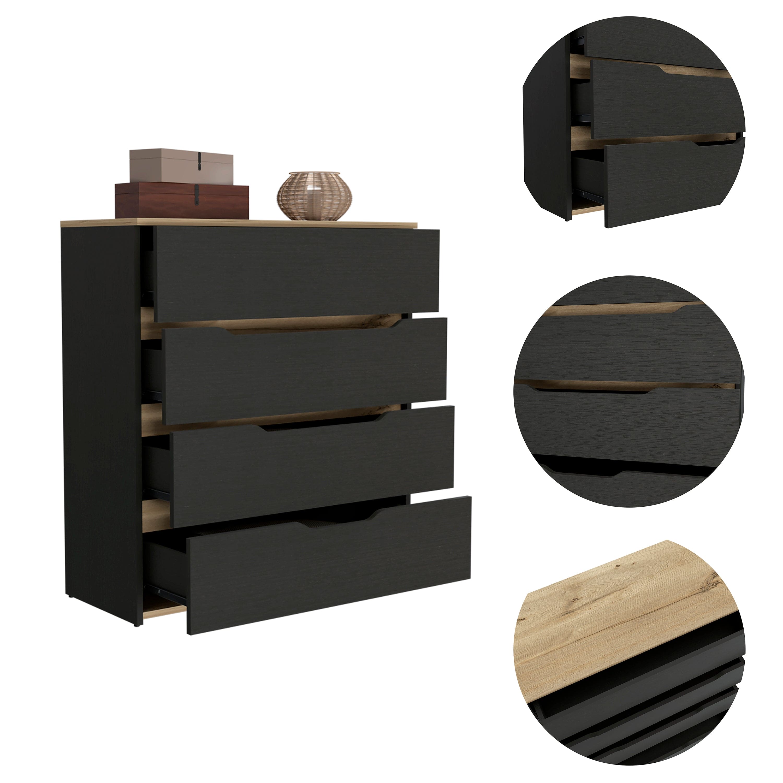 Dresser Oboe, Superior Top, Four Drawers, Black Wengue/ Light Oak Finish