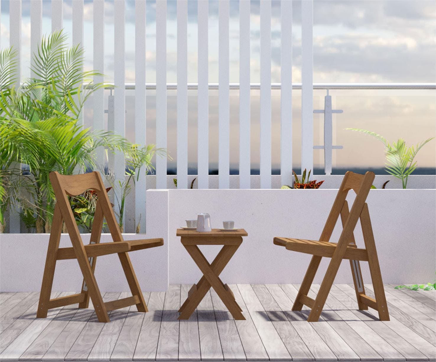 HIPS Material Outdoor Bistro Set Foldable Small Table and Chair Set with 2 Chairs and Rectangular Table, Teak