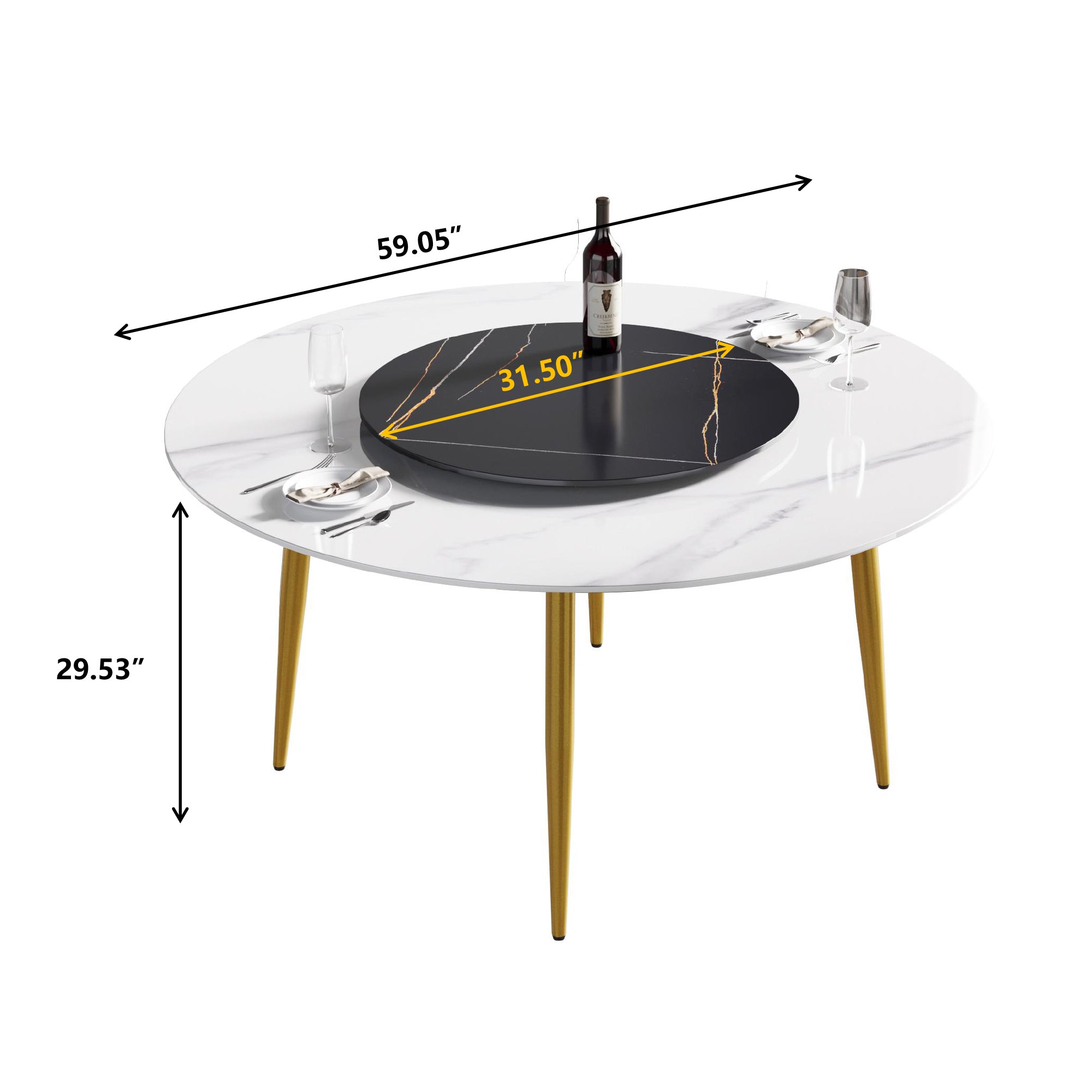 59.05"Modern artificial stone round golden metal dining table-can accommodate 6 people-31.5"black artificial stone turntable