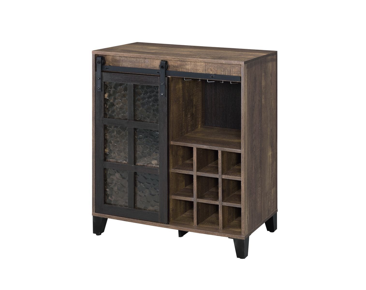 ACME Treju Wine Cabinet, Obscure Glass, Rustic Oak & Black Finish 97836