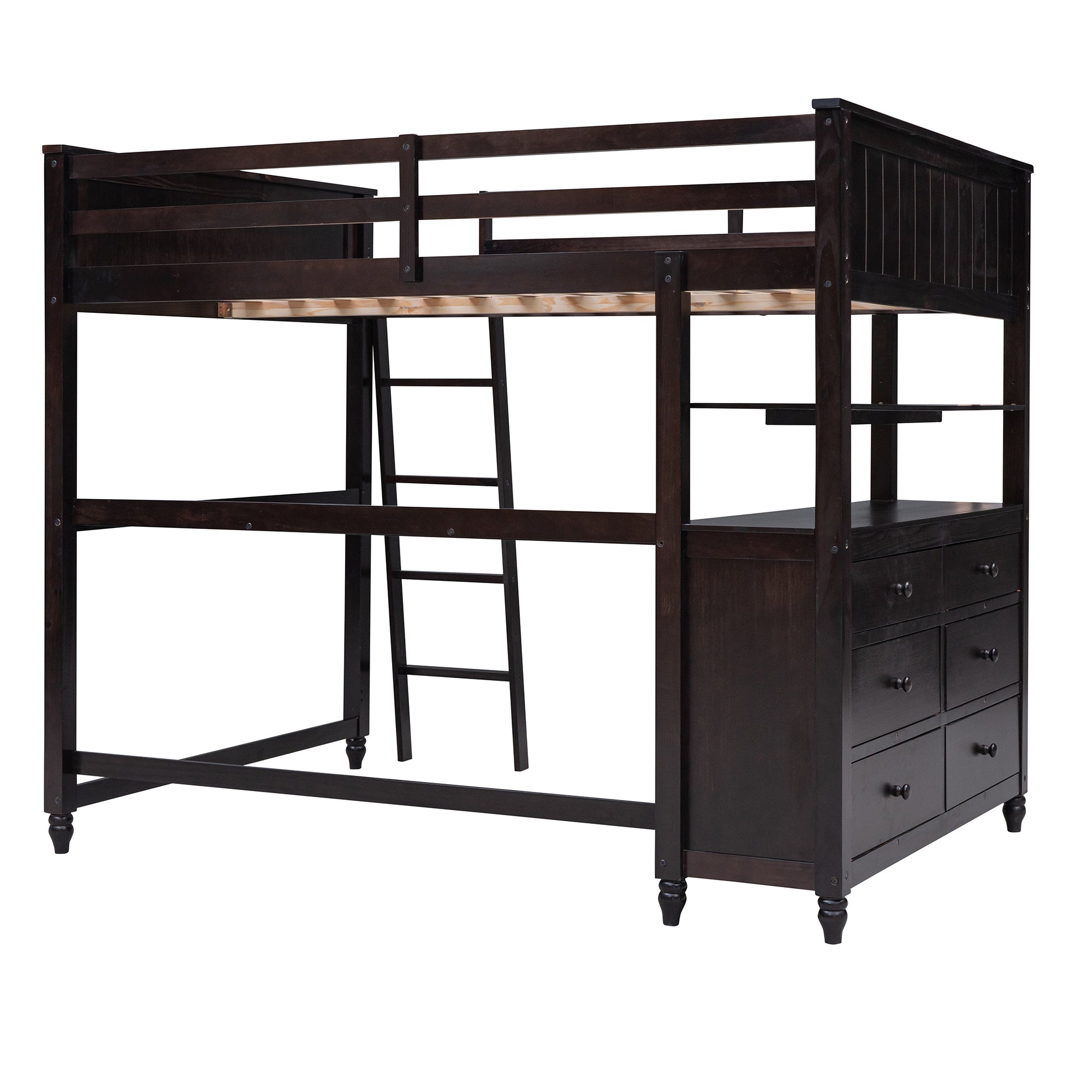 Full size Loft Bed with Drawers and Desk, Wooden Loft Bed with Shelves - Espresso(OLD SKU:LT001529AAP)