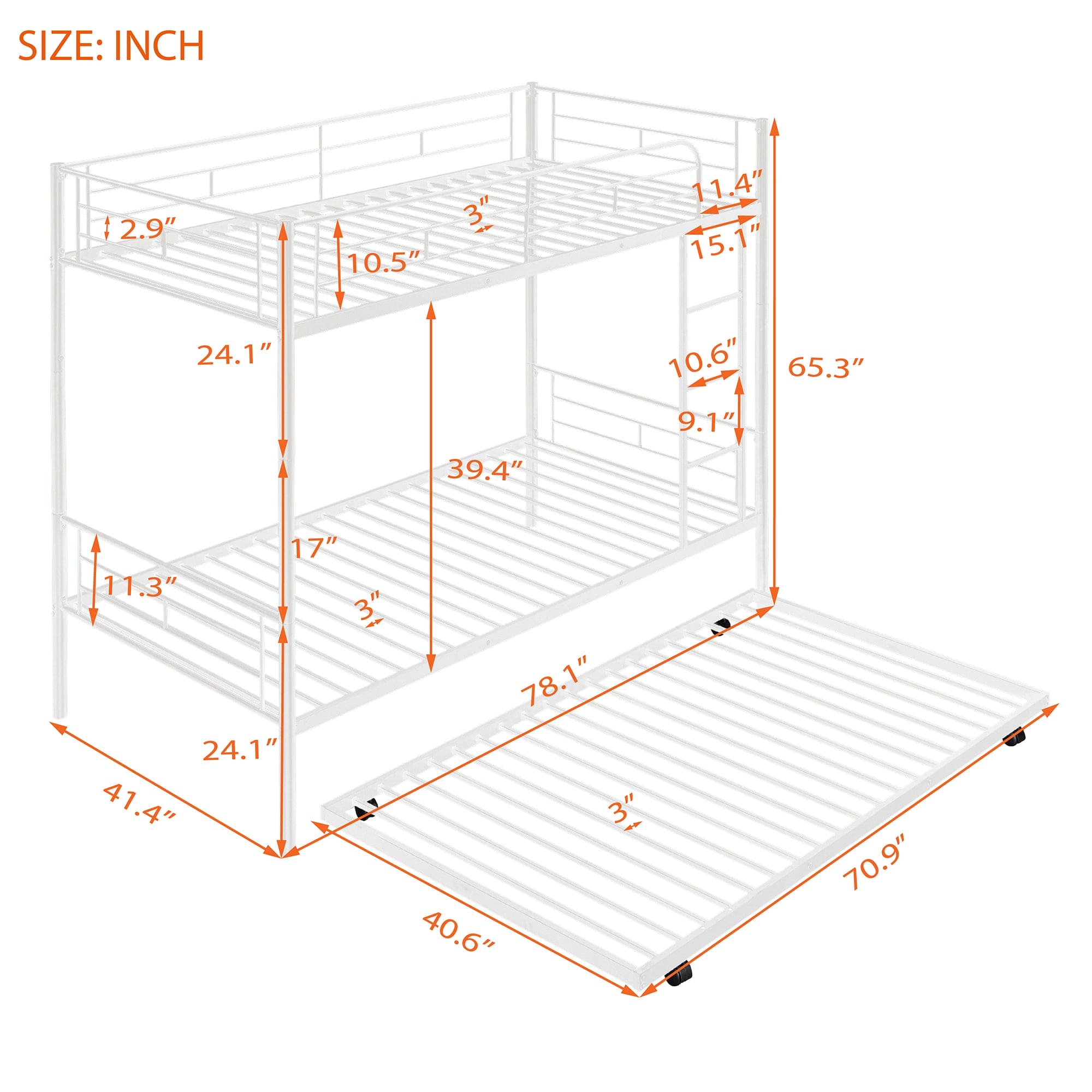 Twin-Over-Twin Metal Bunk Bed With Trundle,Can be Divided into two beds,No Box Spring needed ,White ( old sku: MF194806AAK )