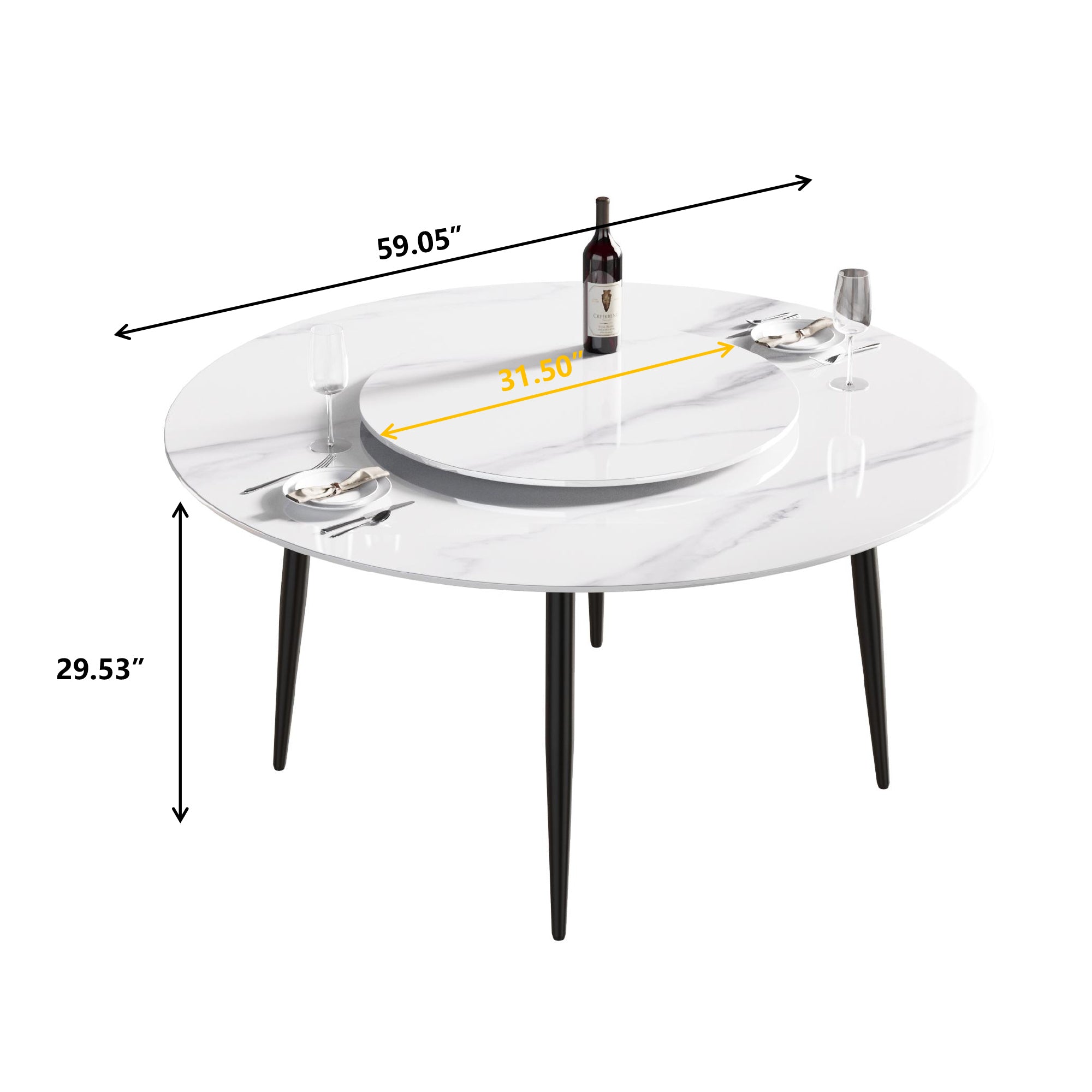 59.05"Modern artificial stone round black metal dining table-can accommodate 6 people-31.5"white artificial stone turntable