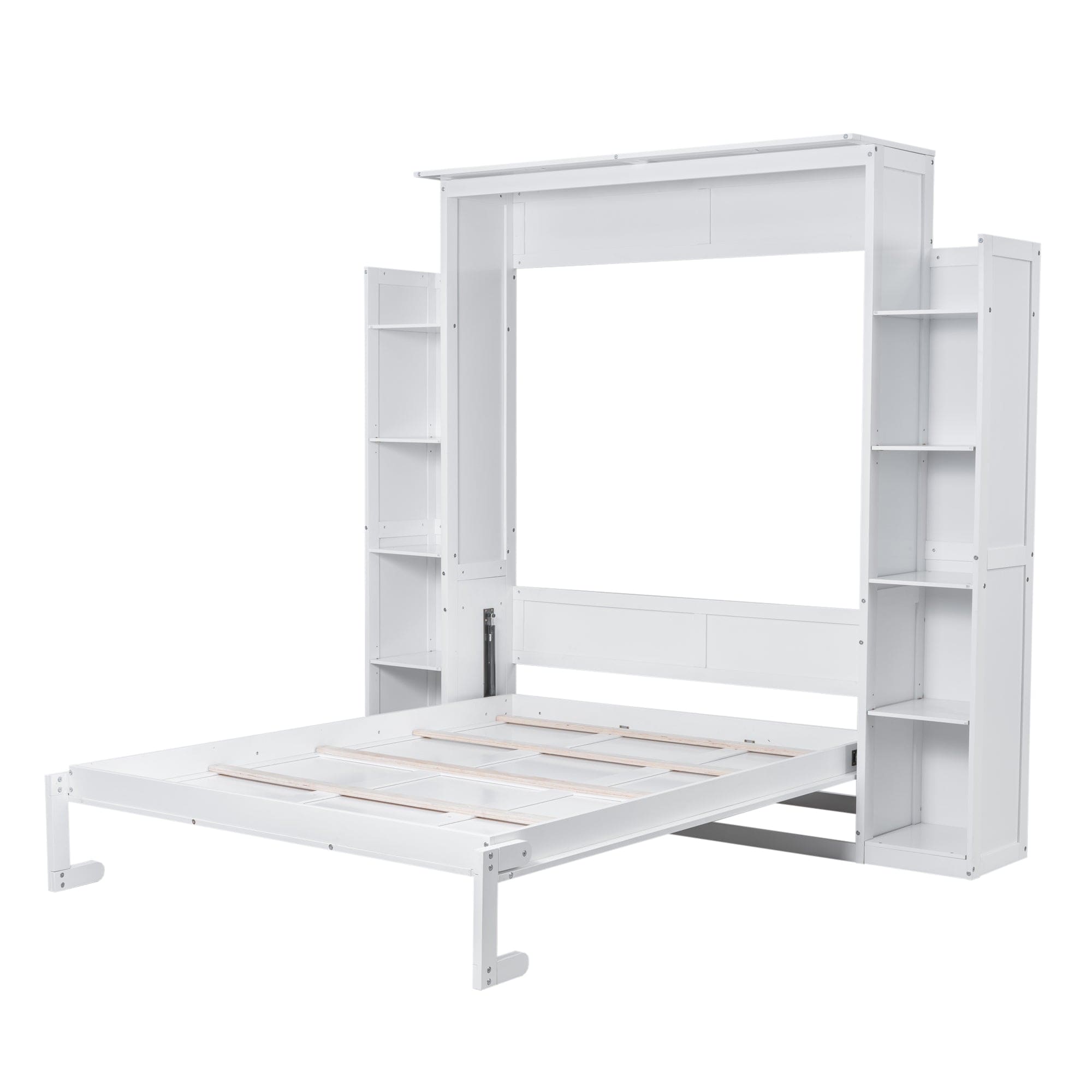 Queen Size Murphy Bed Wall Bed with Shelves and LED Lights,White