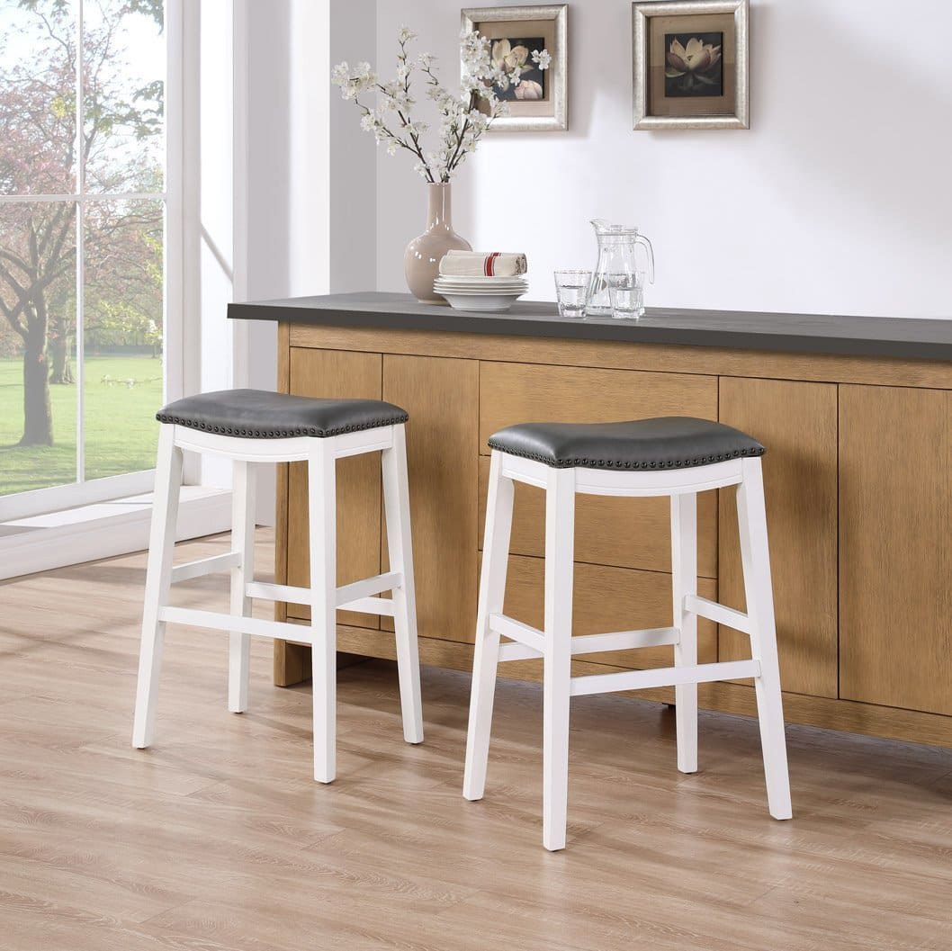 Saddle Stool, -29" Barstool, White/Dark Gray PU, Set of 2