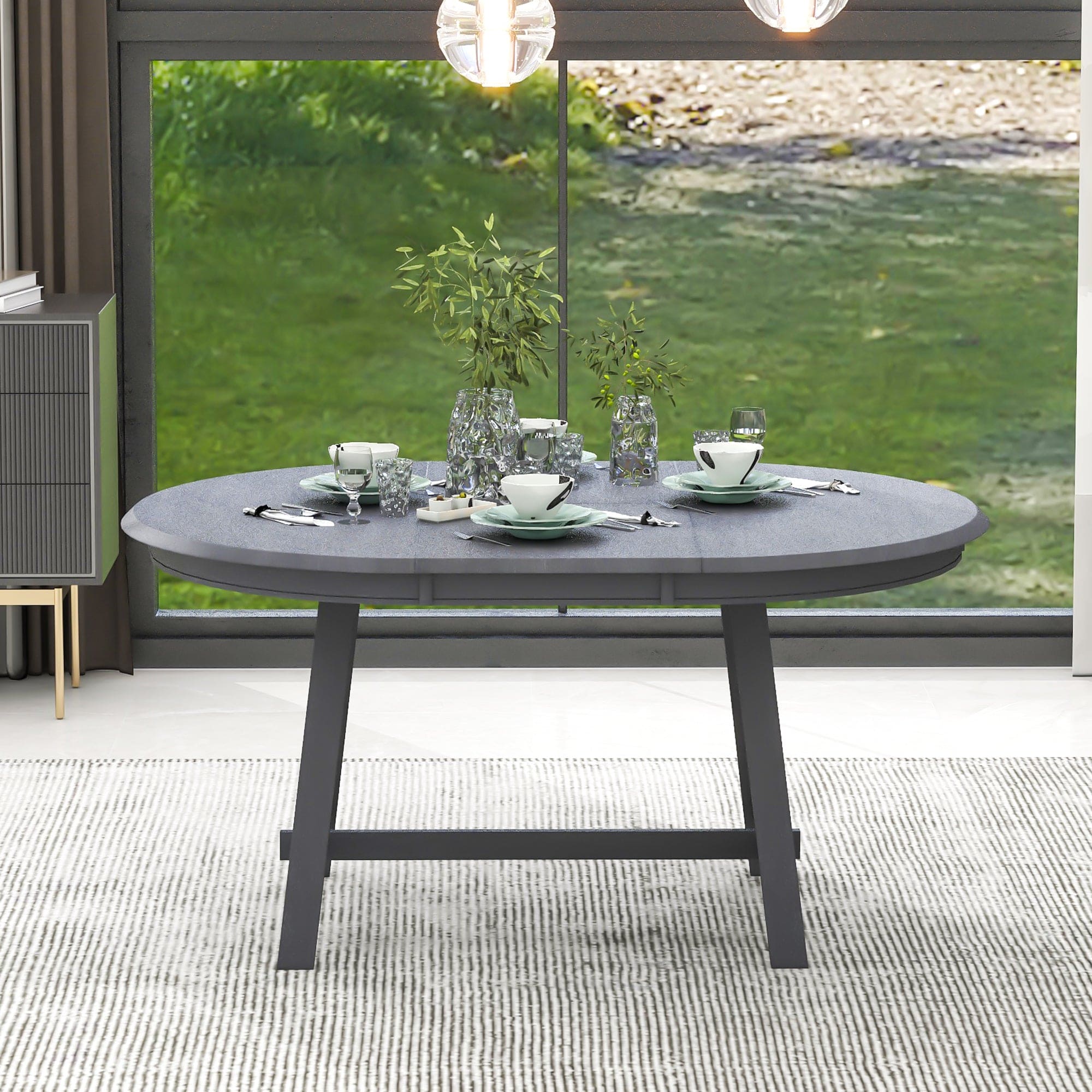 TREXM Wood Dining Table Round Extendable Dining Table for Dining Room (Gray)