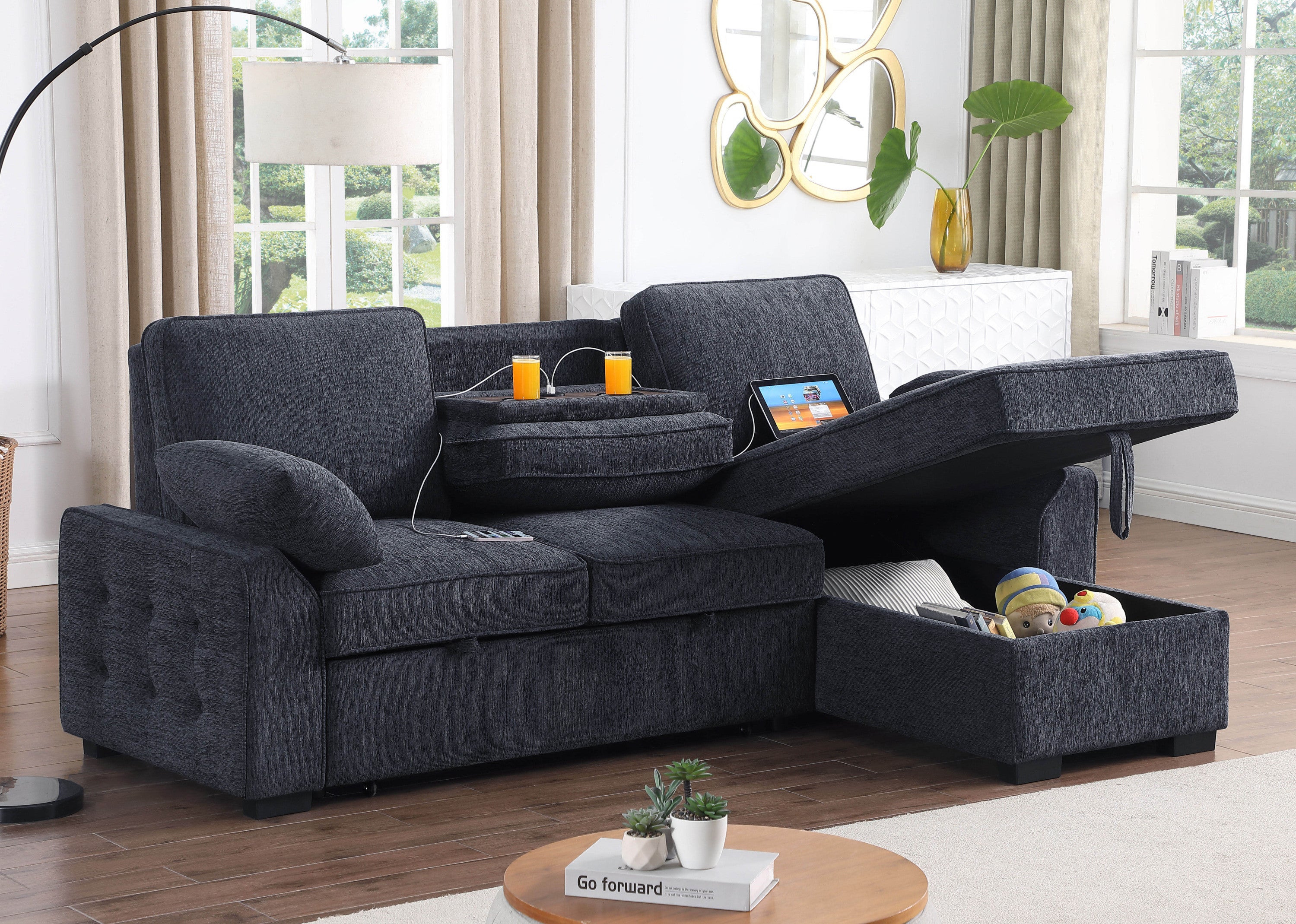 Mackenzie Dark Gray Chenille Fabric Reversible Sleeper Sectional with Storage Chaise, Drop-Down Table, Cup Holders and Charging Ports