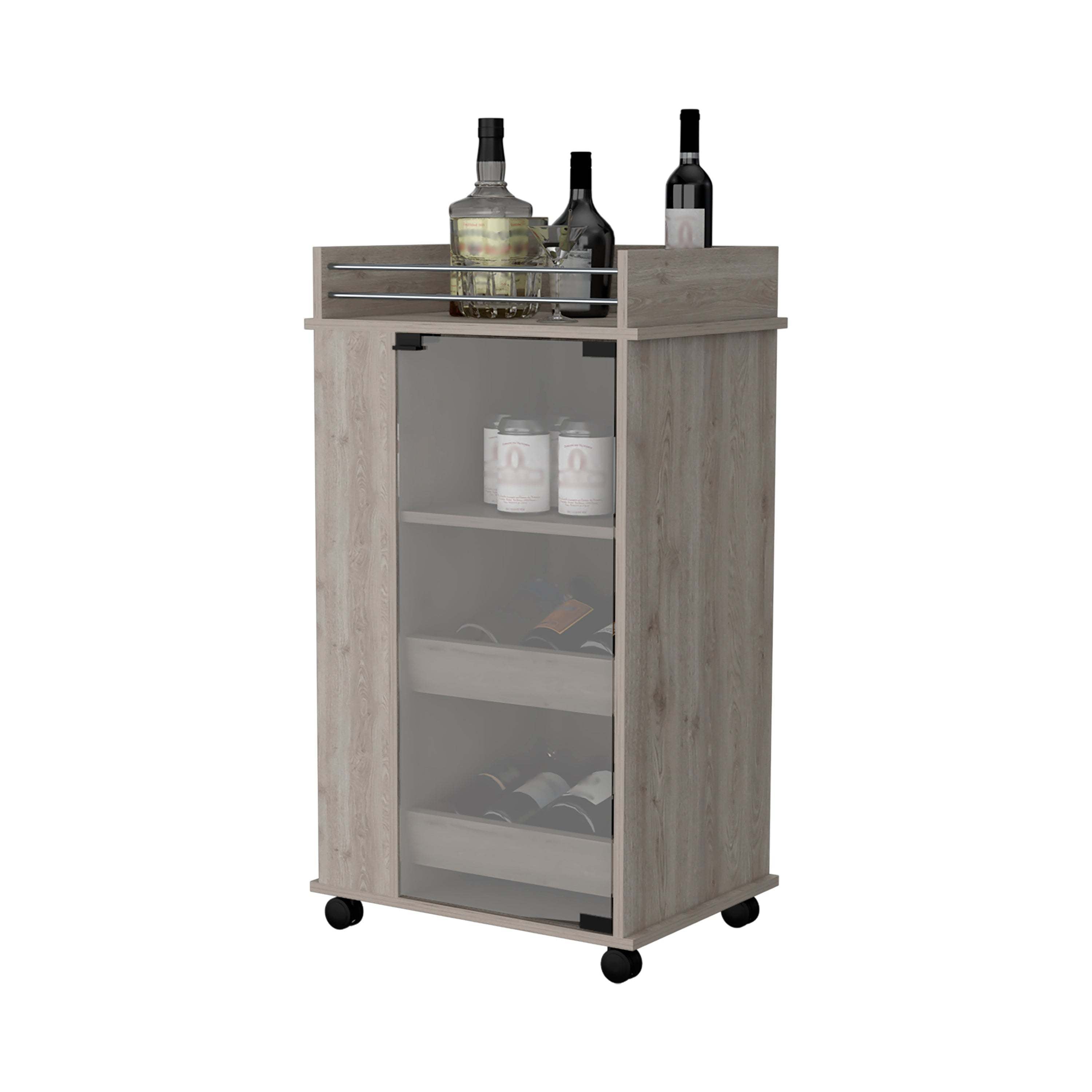 Willow Park Glass Door Bar Cart with Bottle Holder and Casters Light Gray