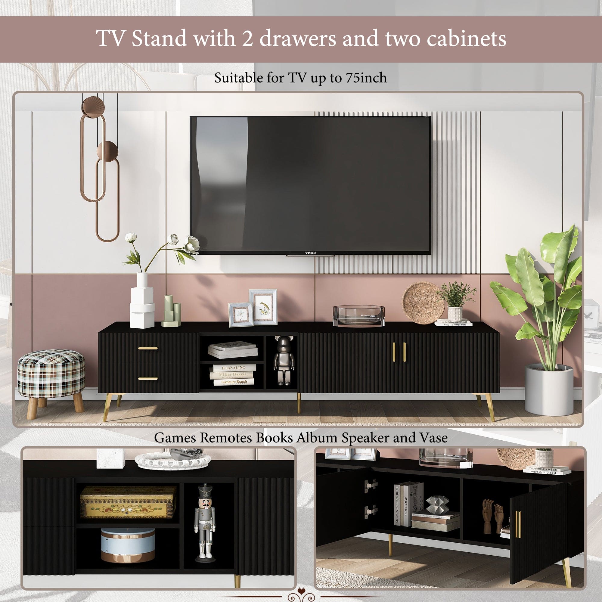 U-Can Modern TV Stand with 5 Champagne legs - Durable, stylish, spacious, versatile storage TVS up to 77" (Black)