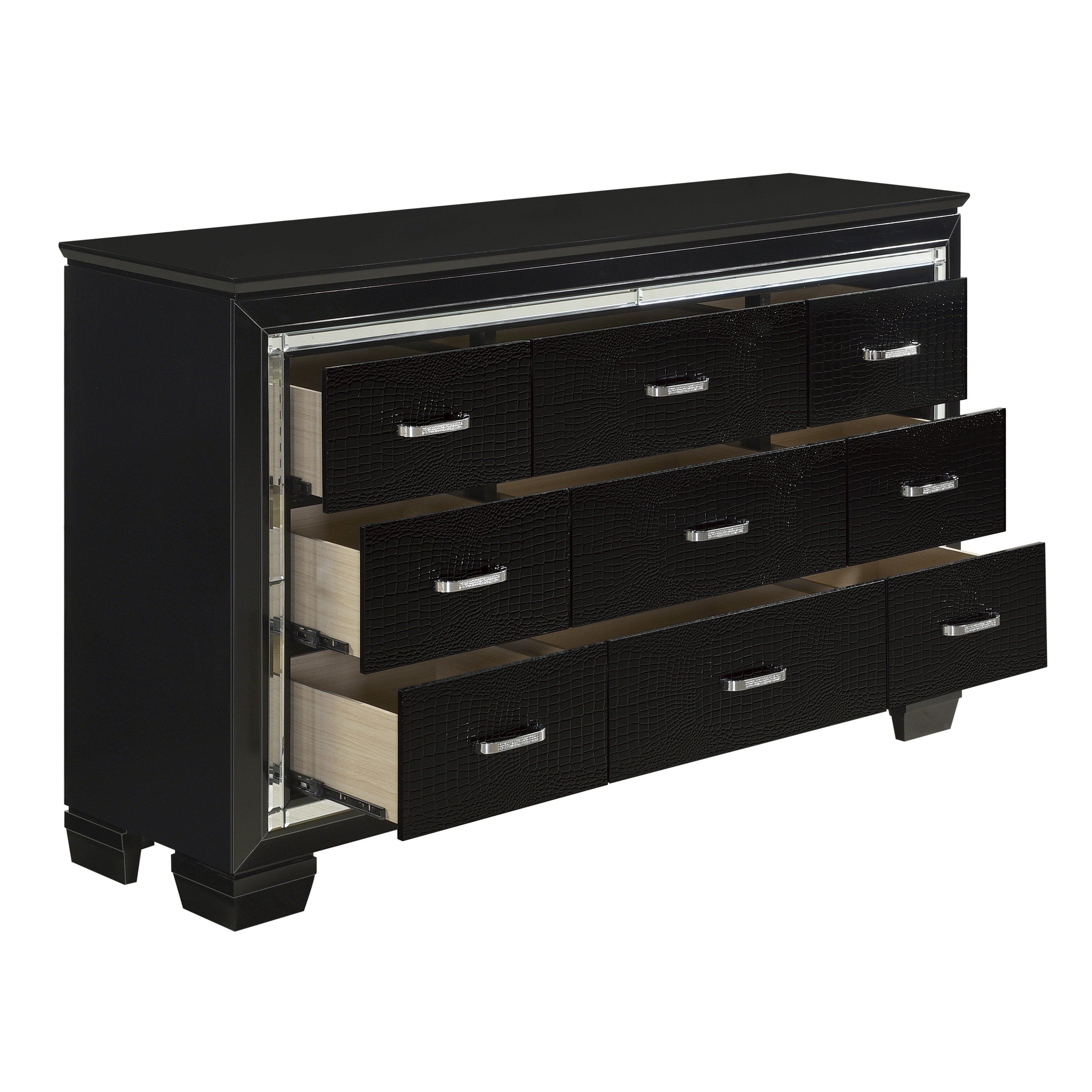 Black Finish Dresser Bold Desing 9 Drawers Glamorous Faux-Alligator Textured Fronts Wooden Bedroom Furniture