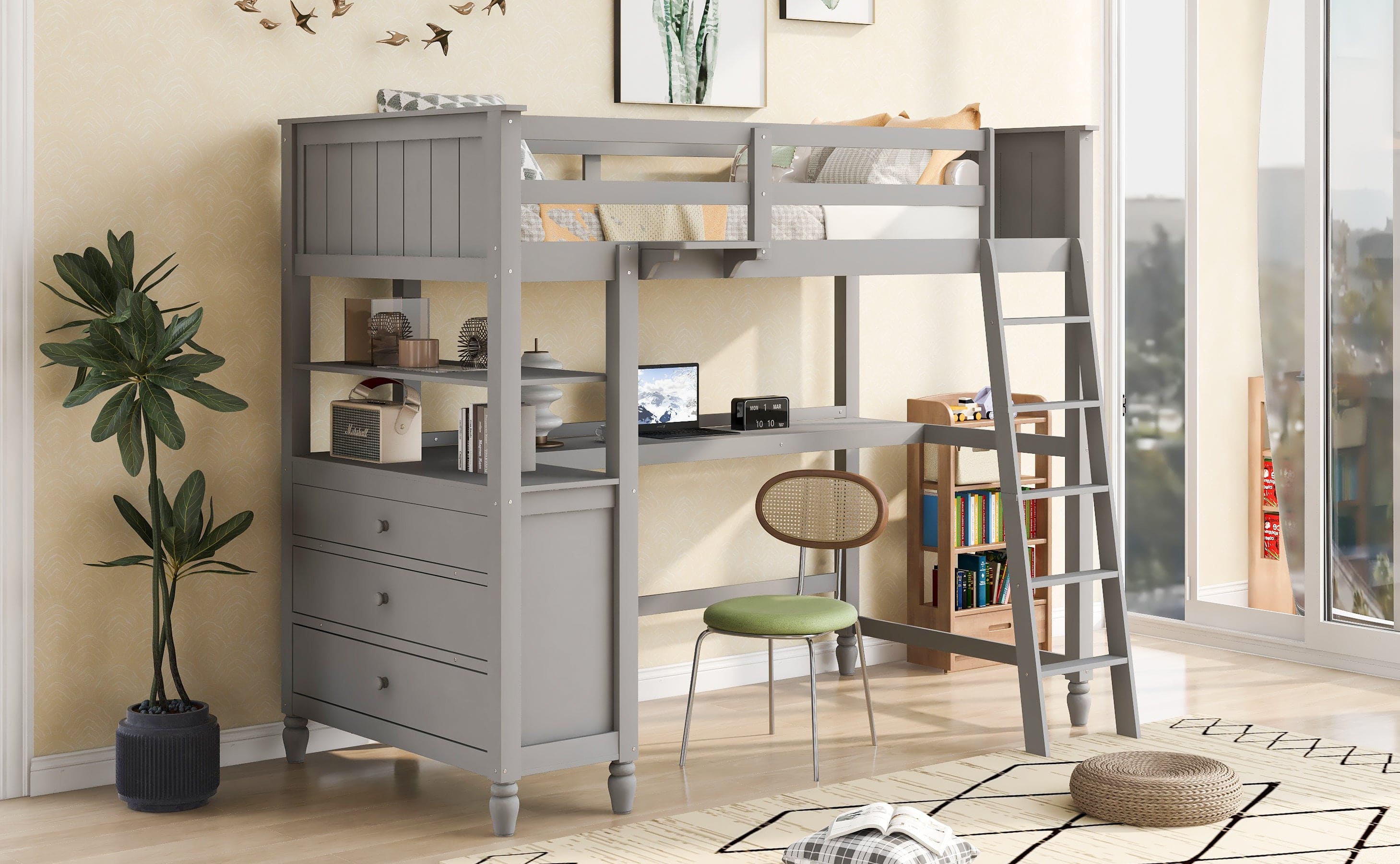 Twin size Loft Bed with Drawers and Desk, Wooden Loft Bed with Shelves - Gray(OLD SKU: LT001530AAE)