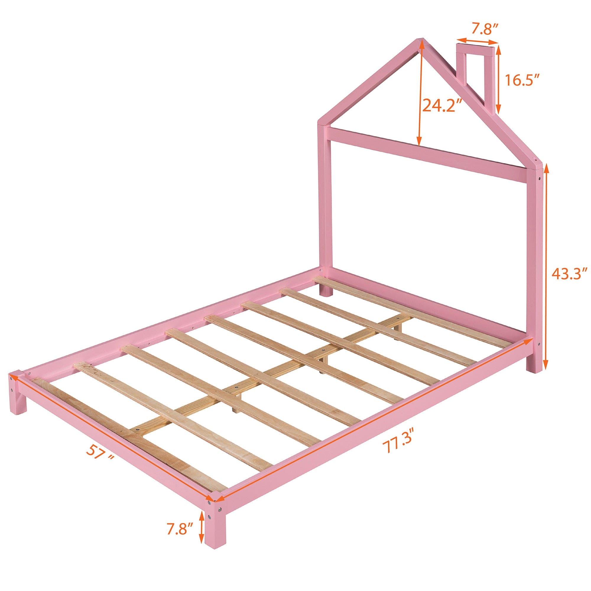 Full Size Wood Platform Bed with House-shaped Headboard  (Pink)