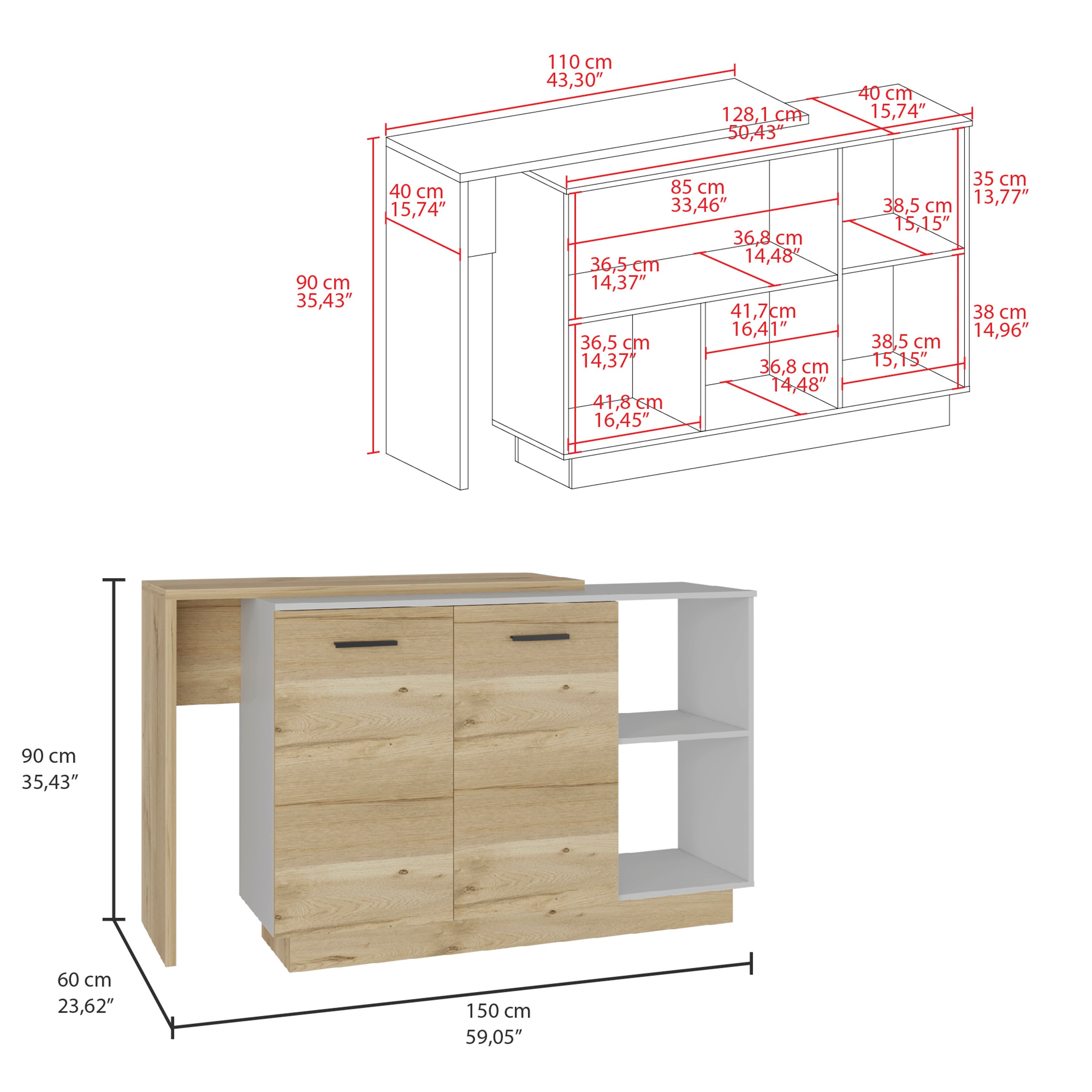 Sicilia Kitchen Island, Two  External Shelves, Double Door Cabinets, Three Shelves -White / Light Oak