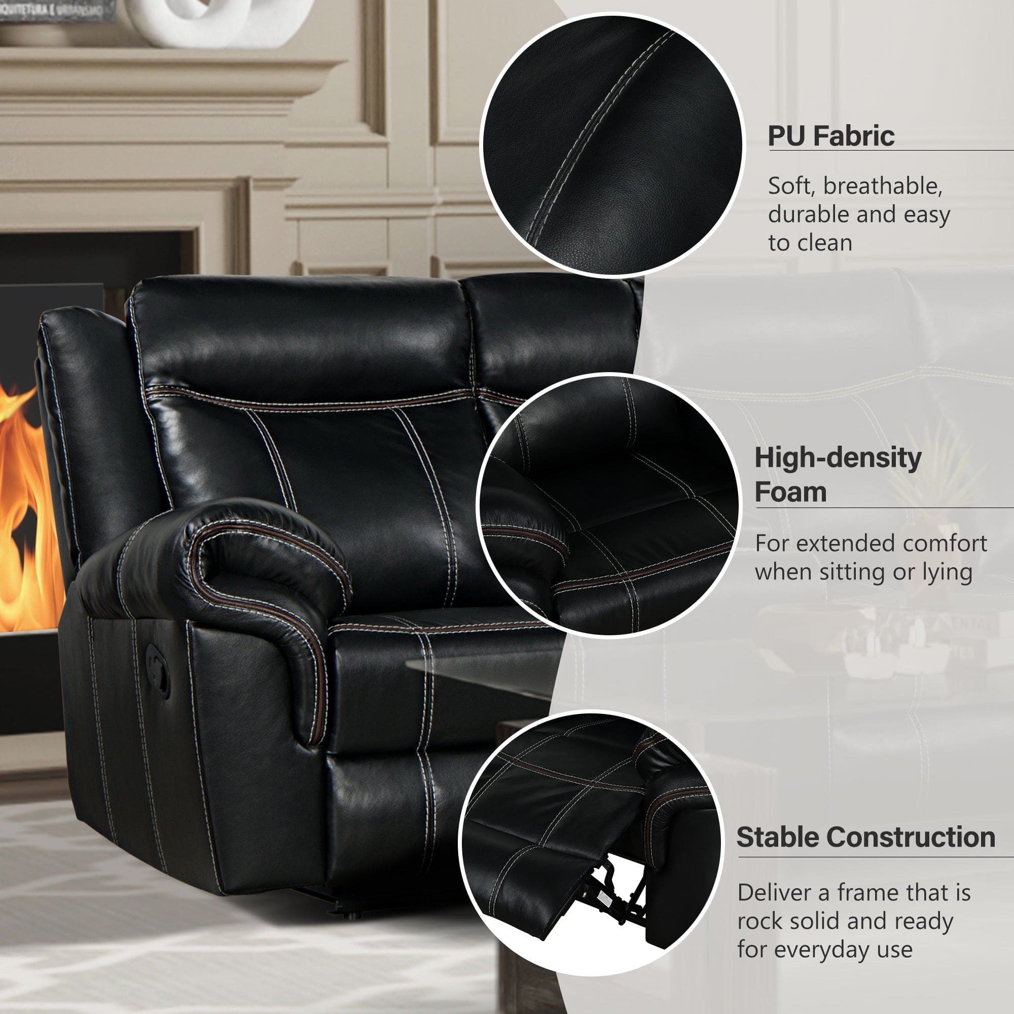 Home Theater Seating Manual Recliner with Cup Holder, Hide-Away Storage, 2 USB Ports and 2 Power Sockets for Living Room, Home Theater, Black