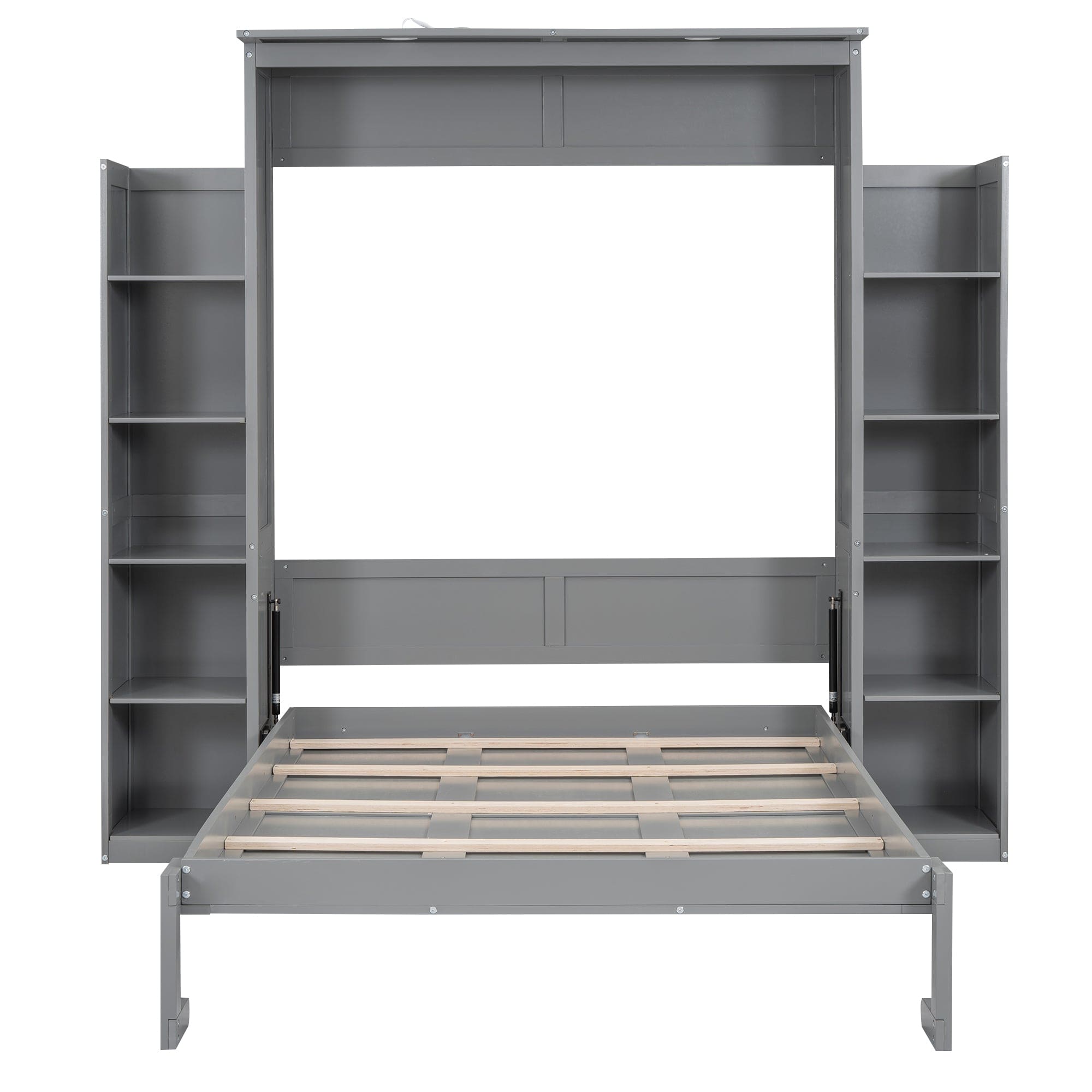 Full Size Murphy Bed Wall Bed with Shelves and LED Lights,Gray