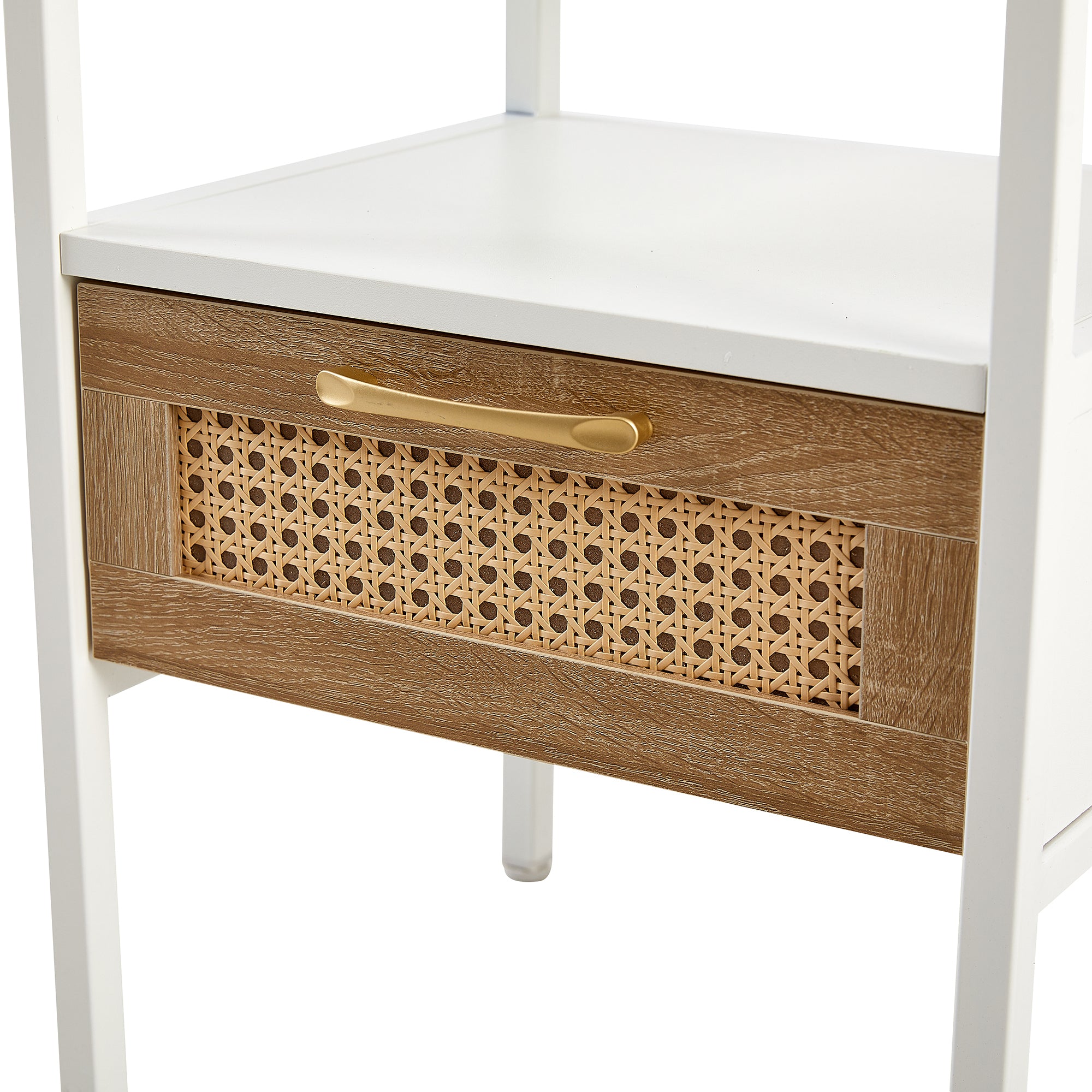 Set of 2, 15.75" Rattan End table with  drawer, Modern nightstand, metal legs,side table for living room, bedroom,white