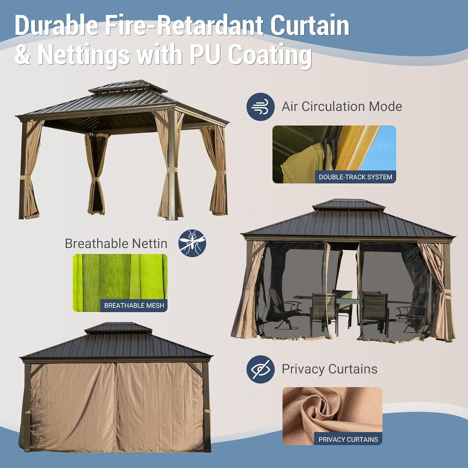 Hardtop Gazebo Outdoor Aluminum Gazebos Grill with Galvanized Steel Double Canopy for Patios Deck Backyard,Curtains&Netting