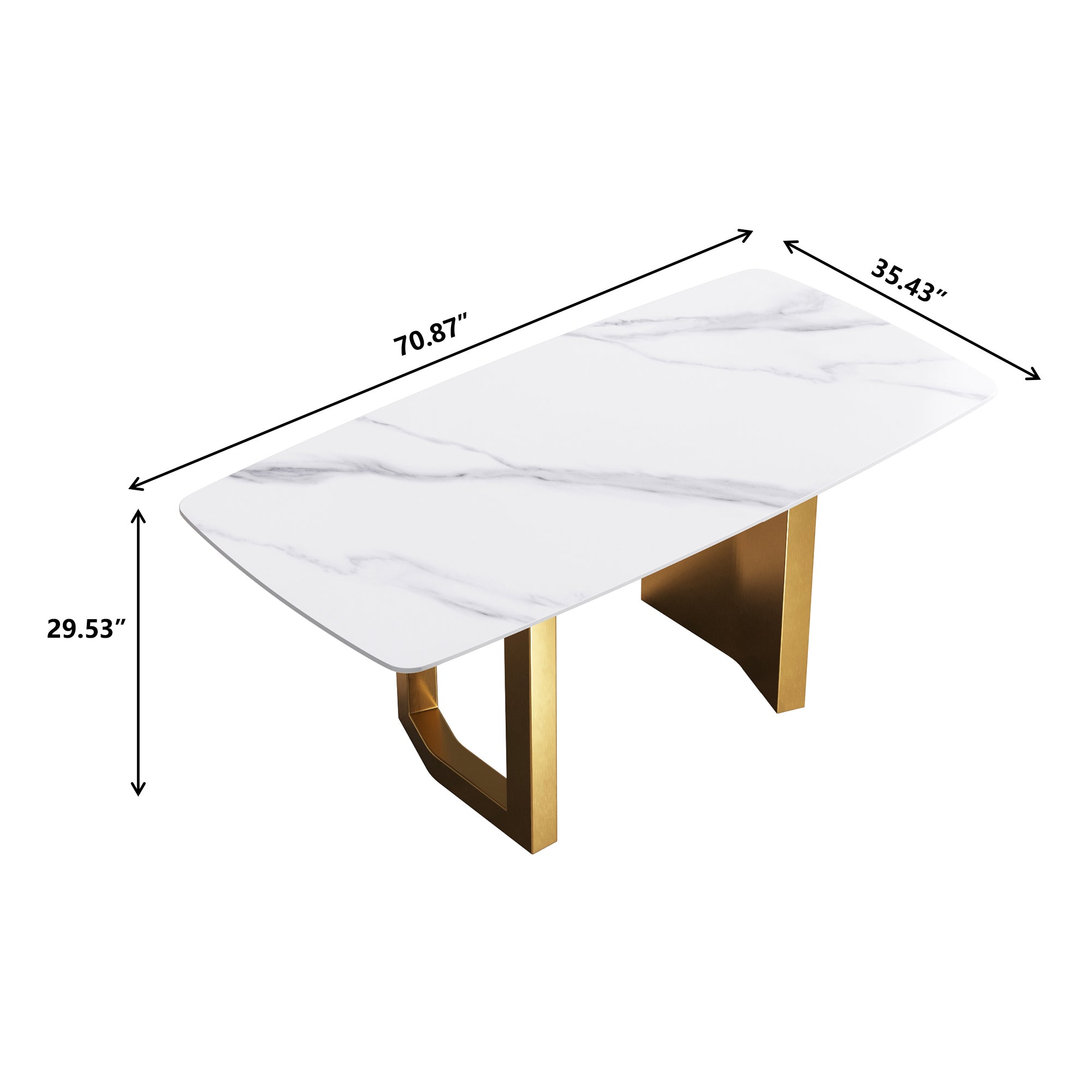 70.87"Modern artificial stone white curved golden metal leg dining table-can accommodate 6-8 people