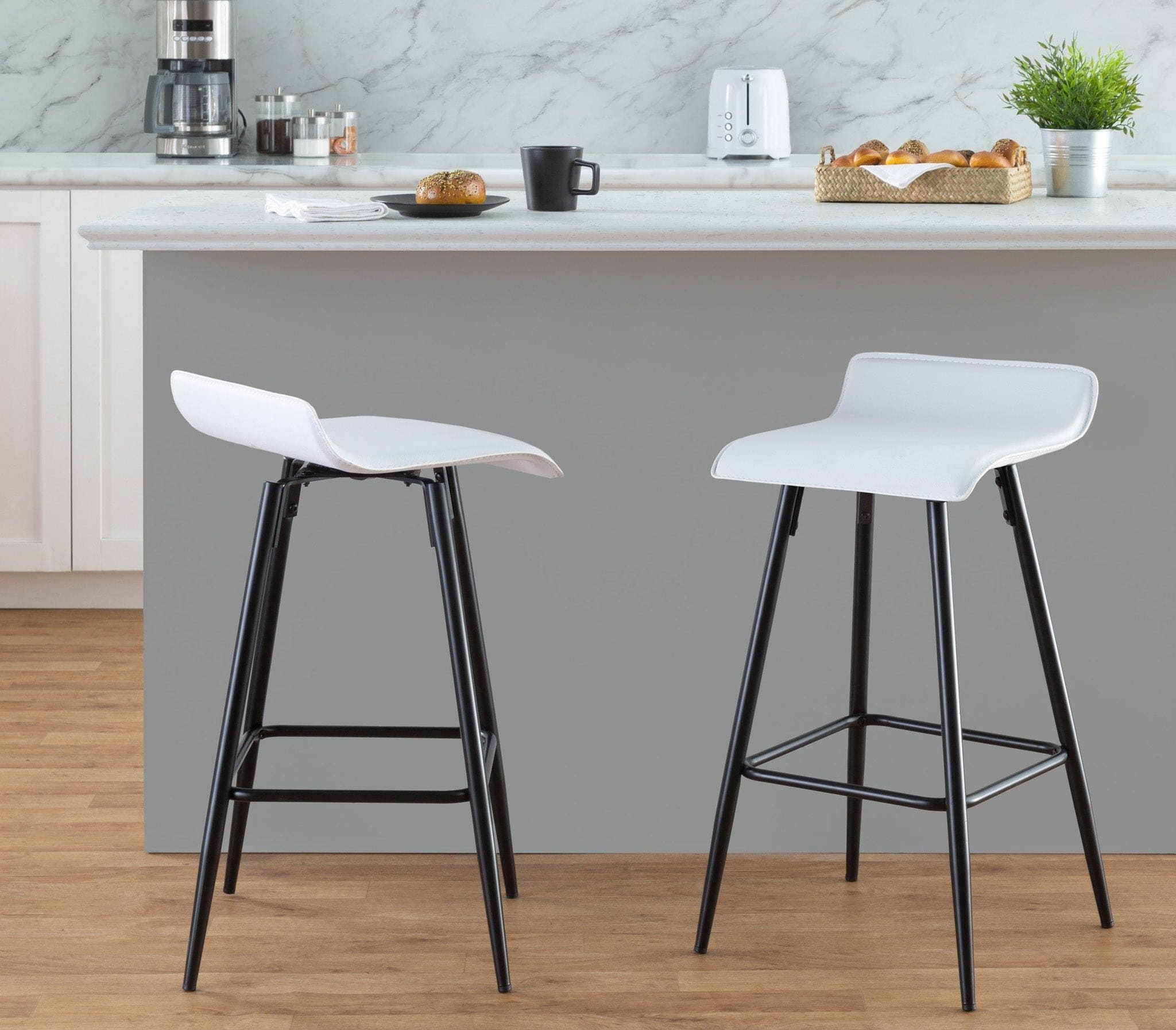 Ale 26" Contemporary Fixed Height Counter Stool in Black Steel and White Faux Leather by LumiSource - Set of 2