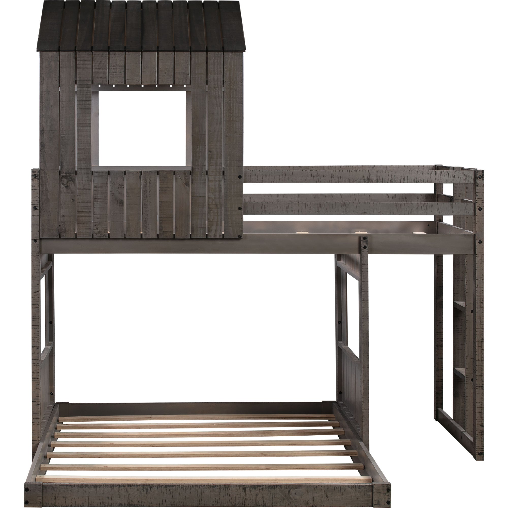 Wooden Twin Over Full Bunk Bed, Loft Bed with Playhouse, Farmhouse, Ladder and Guardrails , Antique Gray( old sku: LT000027AAE )