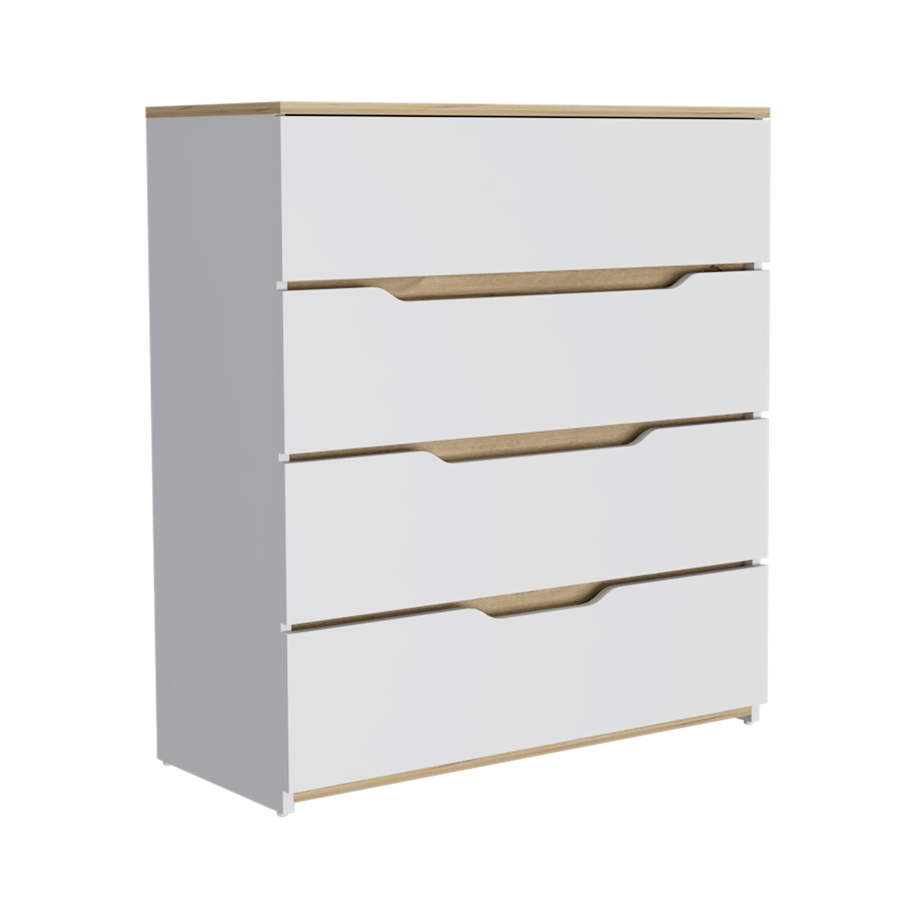 Dresser Oboe, Superior Top, Four Drawers, White / Light Oak Finish