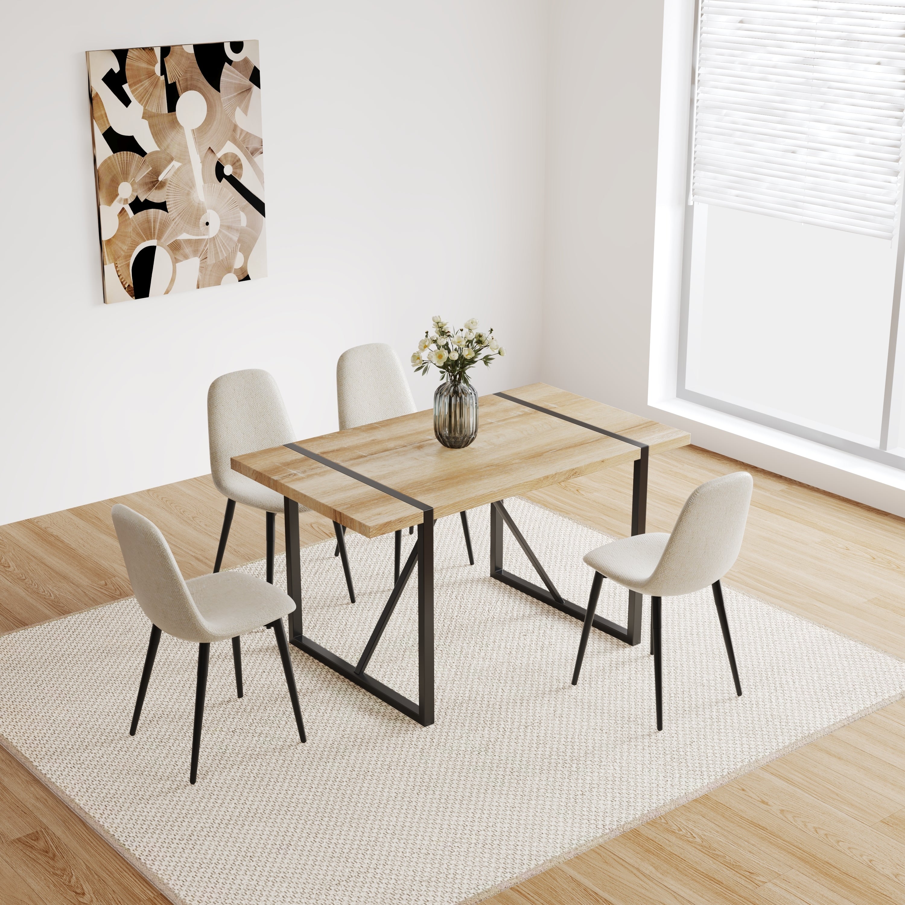 MDF Wood Colour Dining Table and Modern Dining Chairs Set of 4, Mid Century Wooden Kitchen Table Set, Metal Base & Legs, Dining Room Table and Linen Chairs